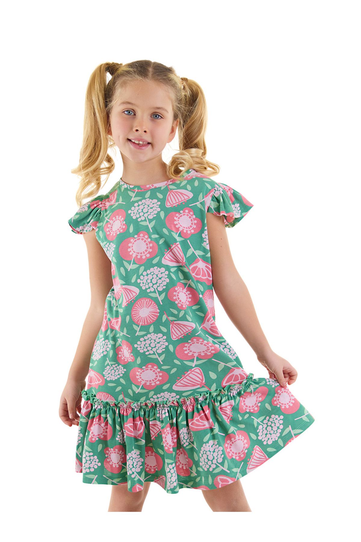 Denokids Pembe Çiçekli Kız Çocuk Yeşil Fırfırlı Elbise