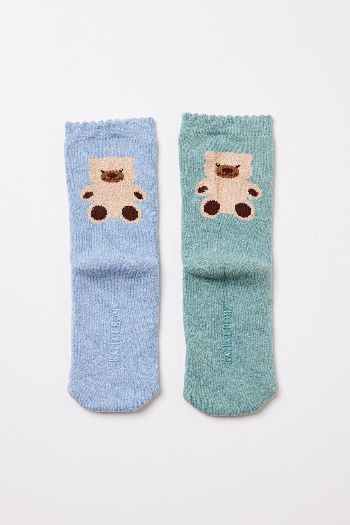 Katia & Bony 2'li Paket Teddy Bebek Havlu Soket Çorap Yeşil/MAVİ