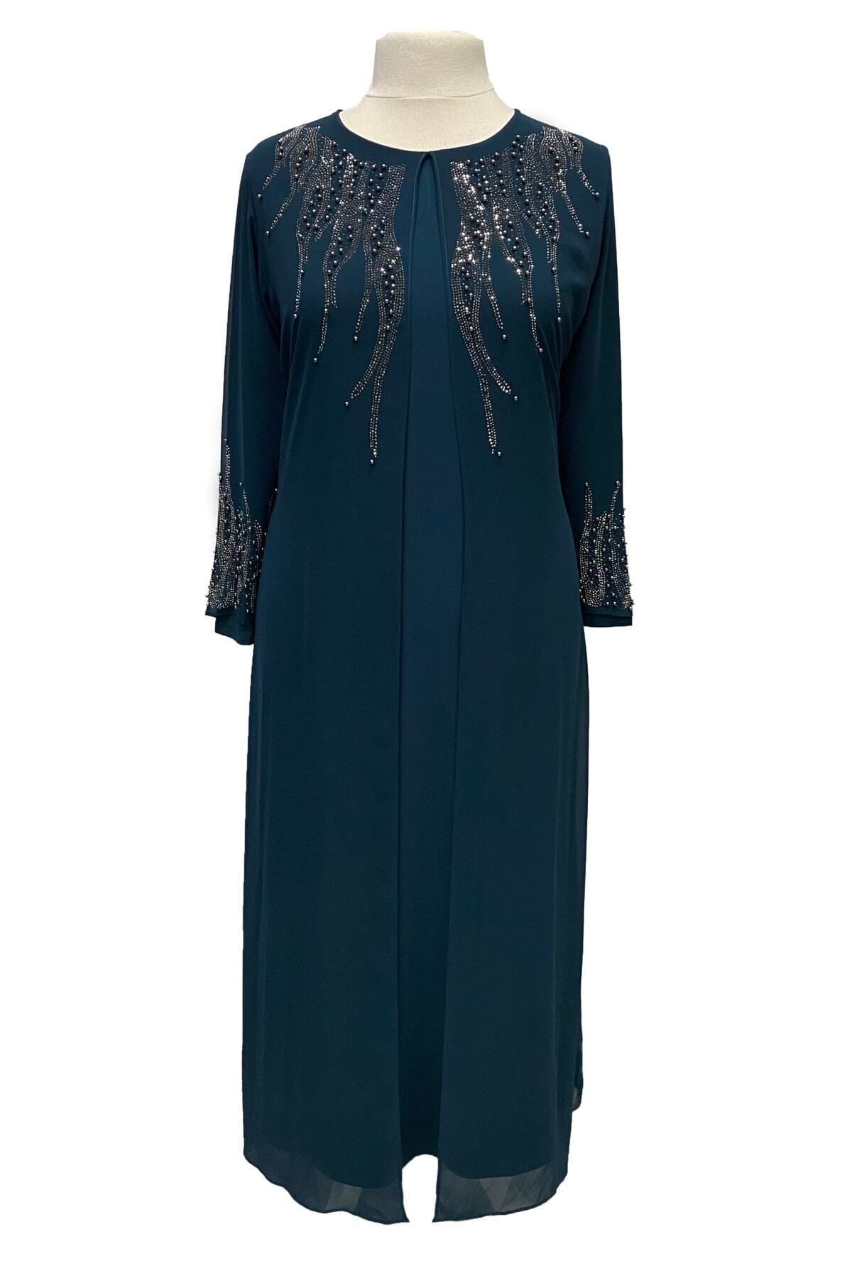 HESNA Petrol Mavi Alya Büyük Beden Şık Taş İşlemeli Anne Abiye Elbise
