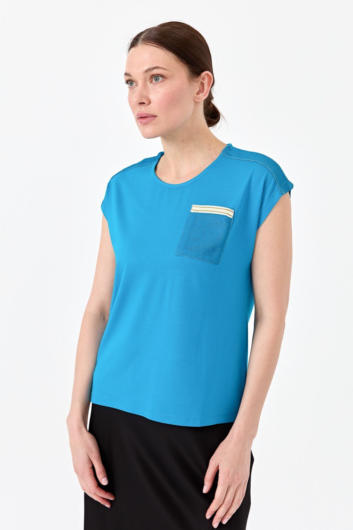 Desen Triko Kadın Sıfır Yaka Düşük Kol Simli T-shirt Turkuaz