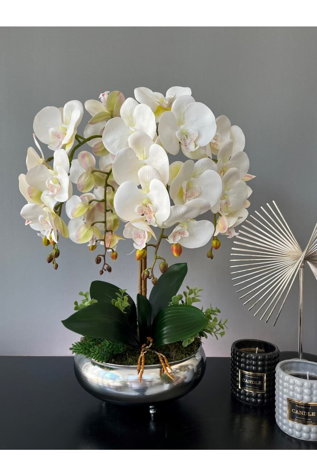 LİLOTEHOME 4 Dal Islak Lateks Dokulu Orkide Aranjman Ufo Gümüş Renk Saksıda