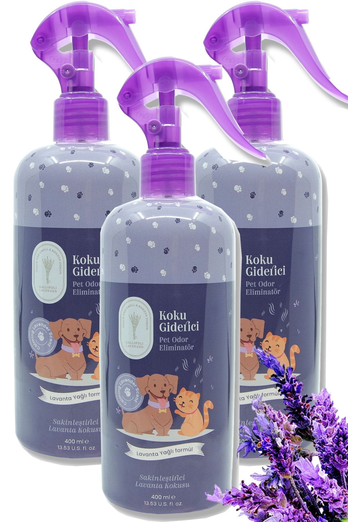 Gallipoli Lavender Lavanta Yağı %100 Bitkisel Bakteri Önleyici Kedi Köpek Koku Giderici Sprey 400 ml 3'lü