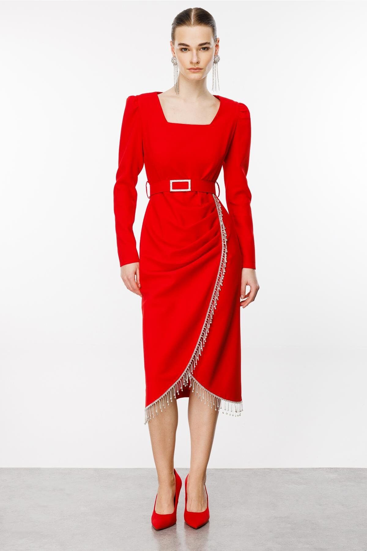 Moda İlgi Modailgi  Saçak Taş Detaylı Anvelop Elbise Kırmızı