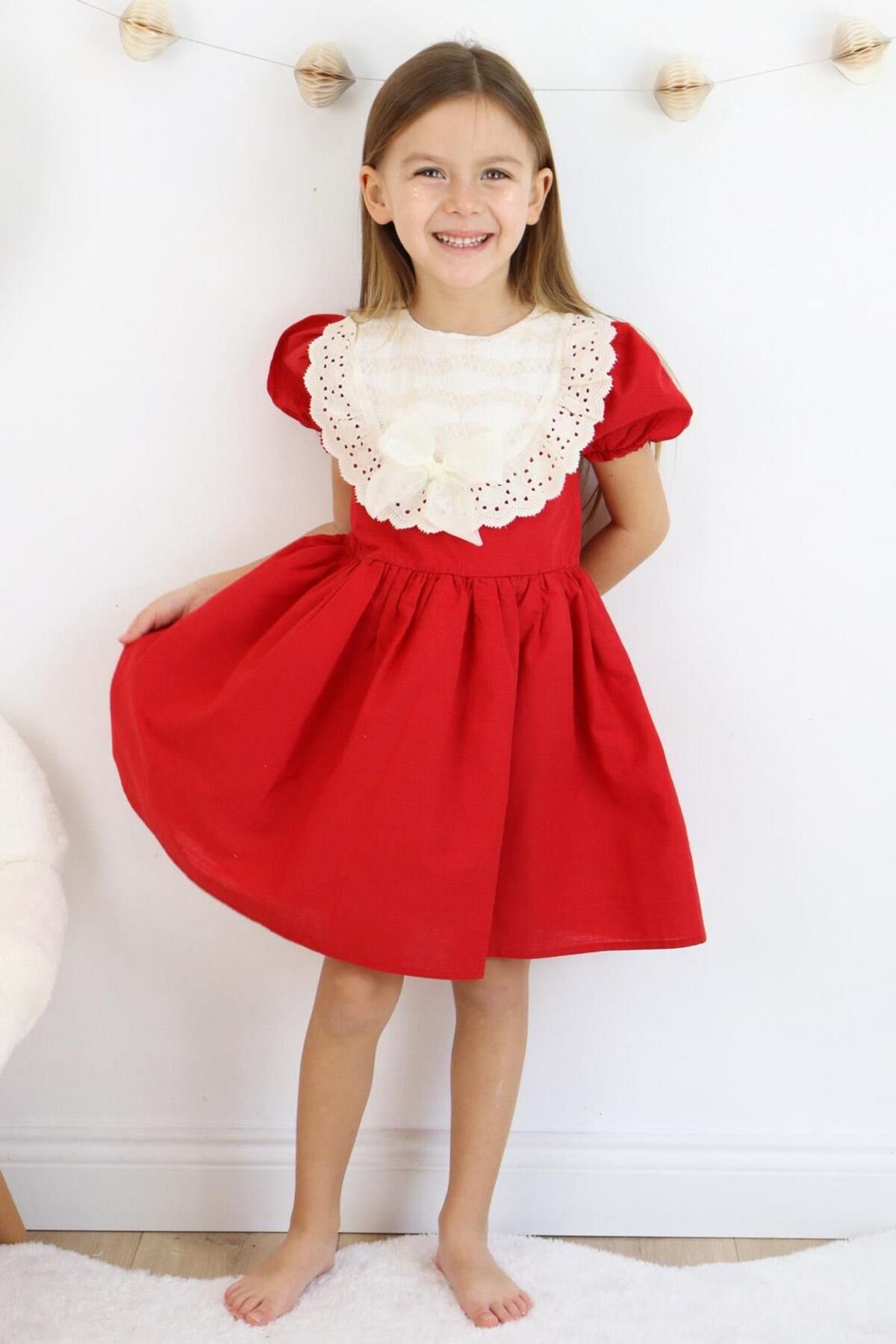 Le Mabelle Kırmızı Kısa Kollu Fisto Detaylı Fiyonklu Kız Çocuk Elbise - Rosa