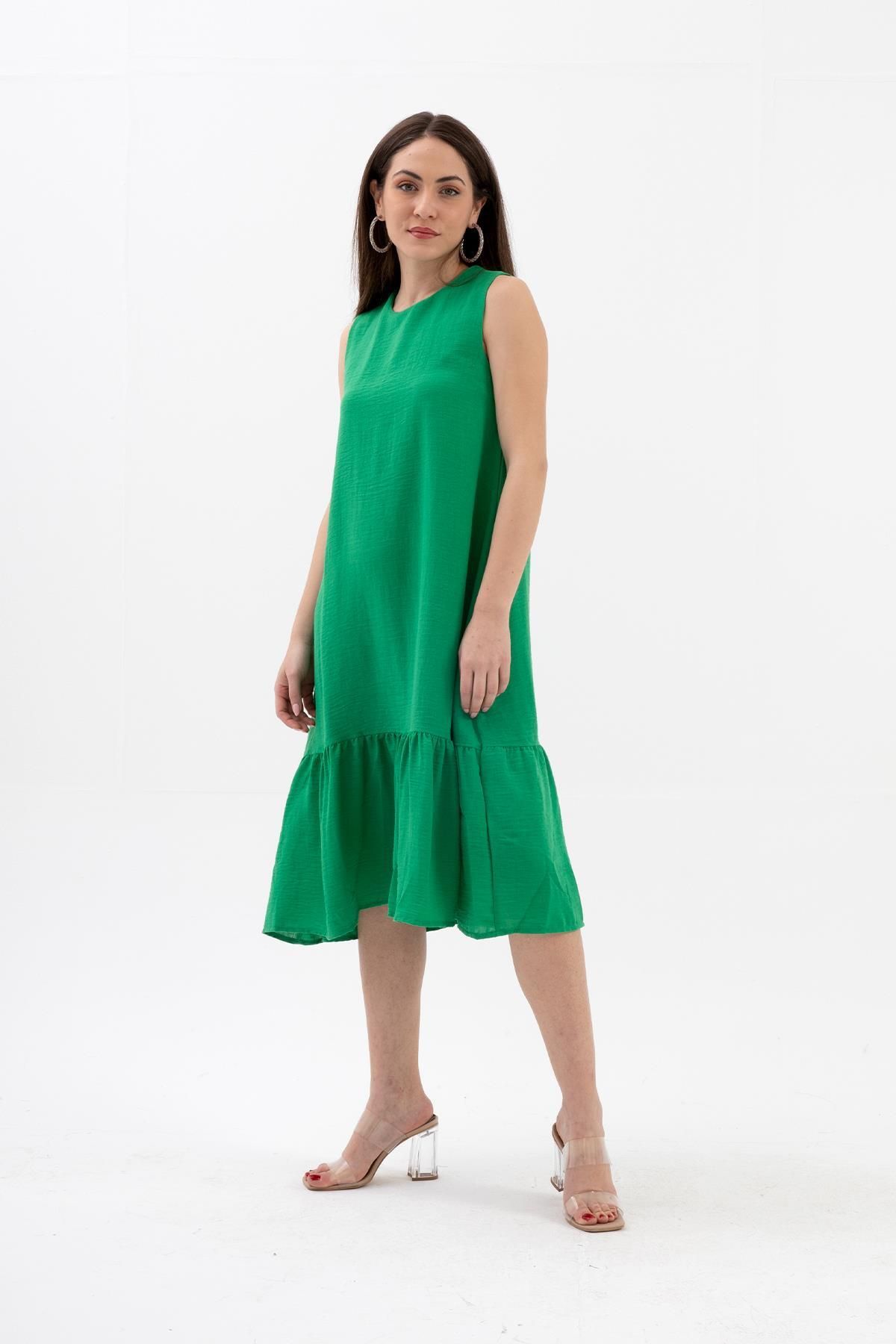 VAPUR TEKSTİL Kristal Keten Kolsuz Kadın Salaş Elbise - Yeşil