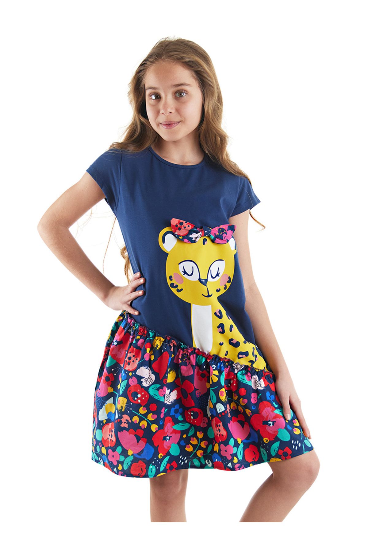 MSHB&G Çiçekli Leopar Kız Çocuk Yazlık Lacivert Elbise