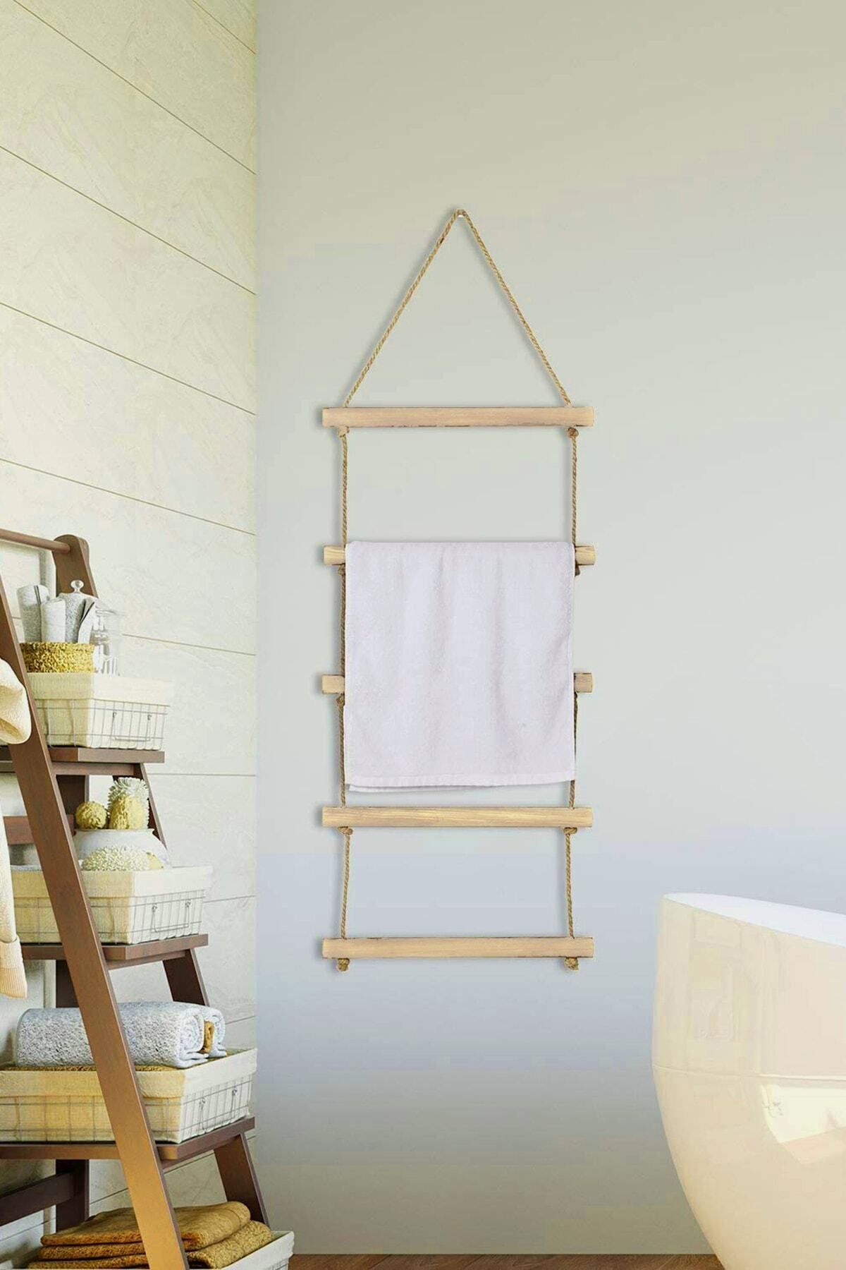 Bundera Towel Jüt Merdiven 5 Katlı Ahşap Banyo Mutfak Havlu Askısı Dekoratif Halat Havluluk