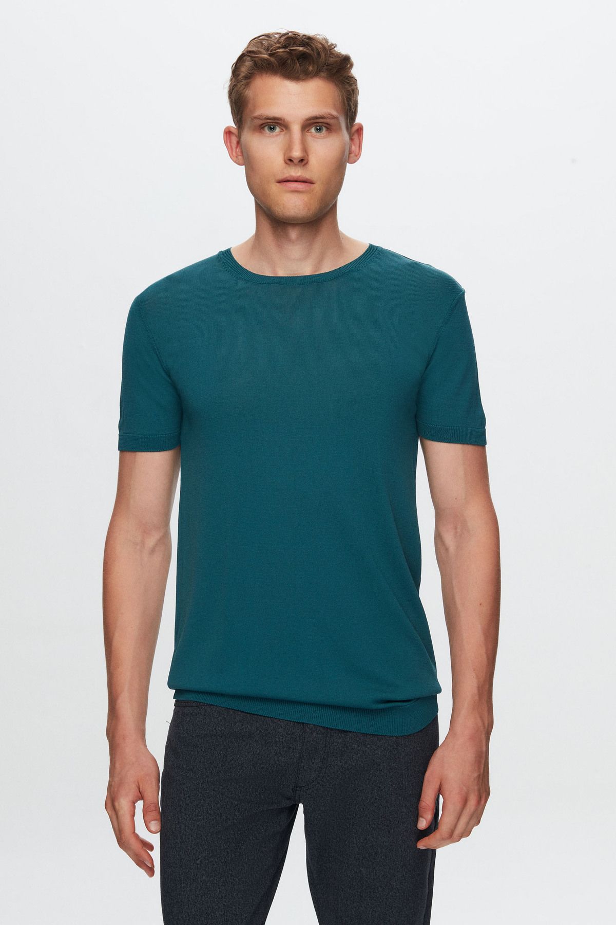 TWN Slim Fit Zümrüt Yeşili Düz Örgü Rayon Örme T-shirt