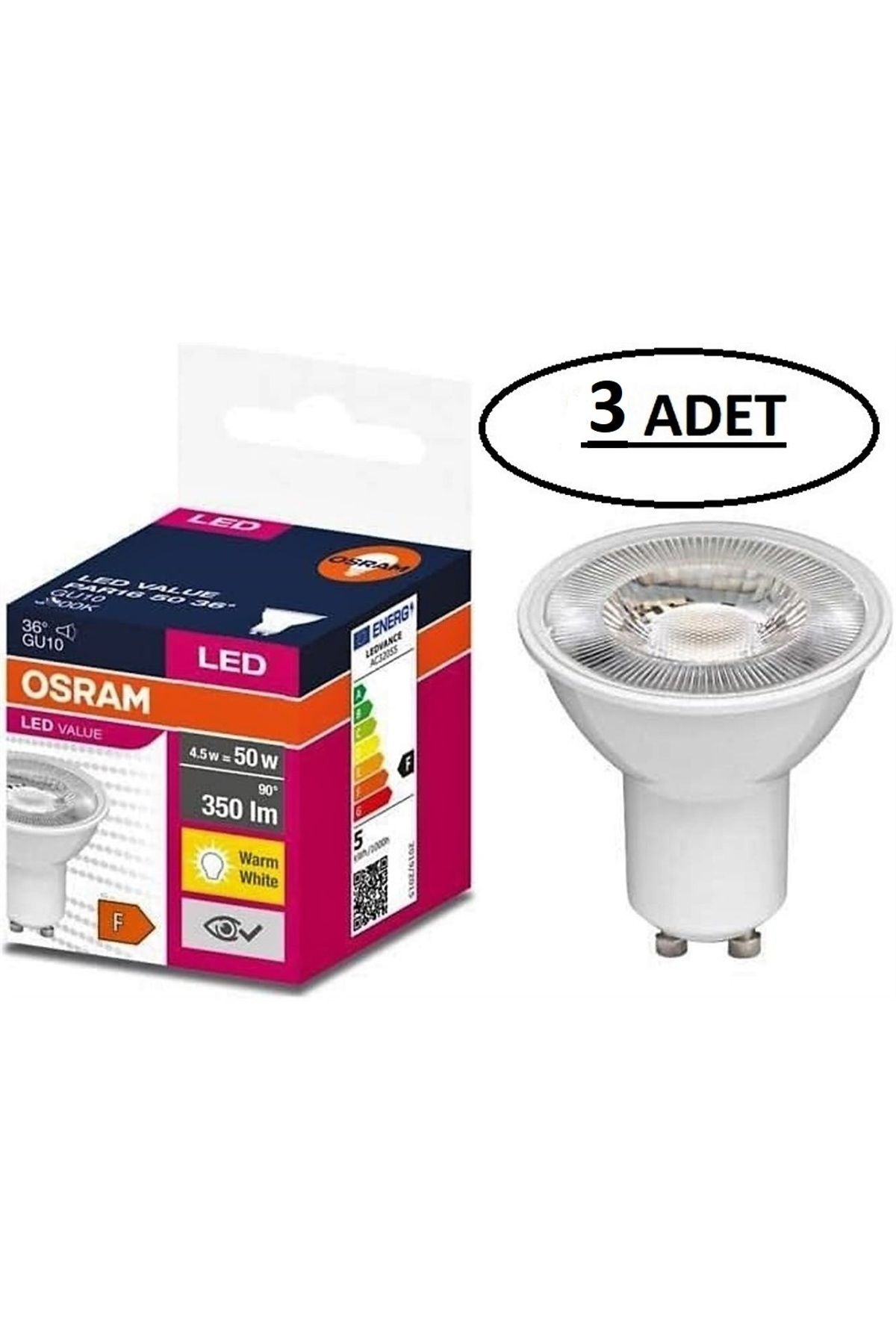Osram Gu10 Duylu 4,5 W = 50 W Led Ampul 2700 Kelvin Sarı Işık   3 ADET