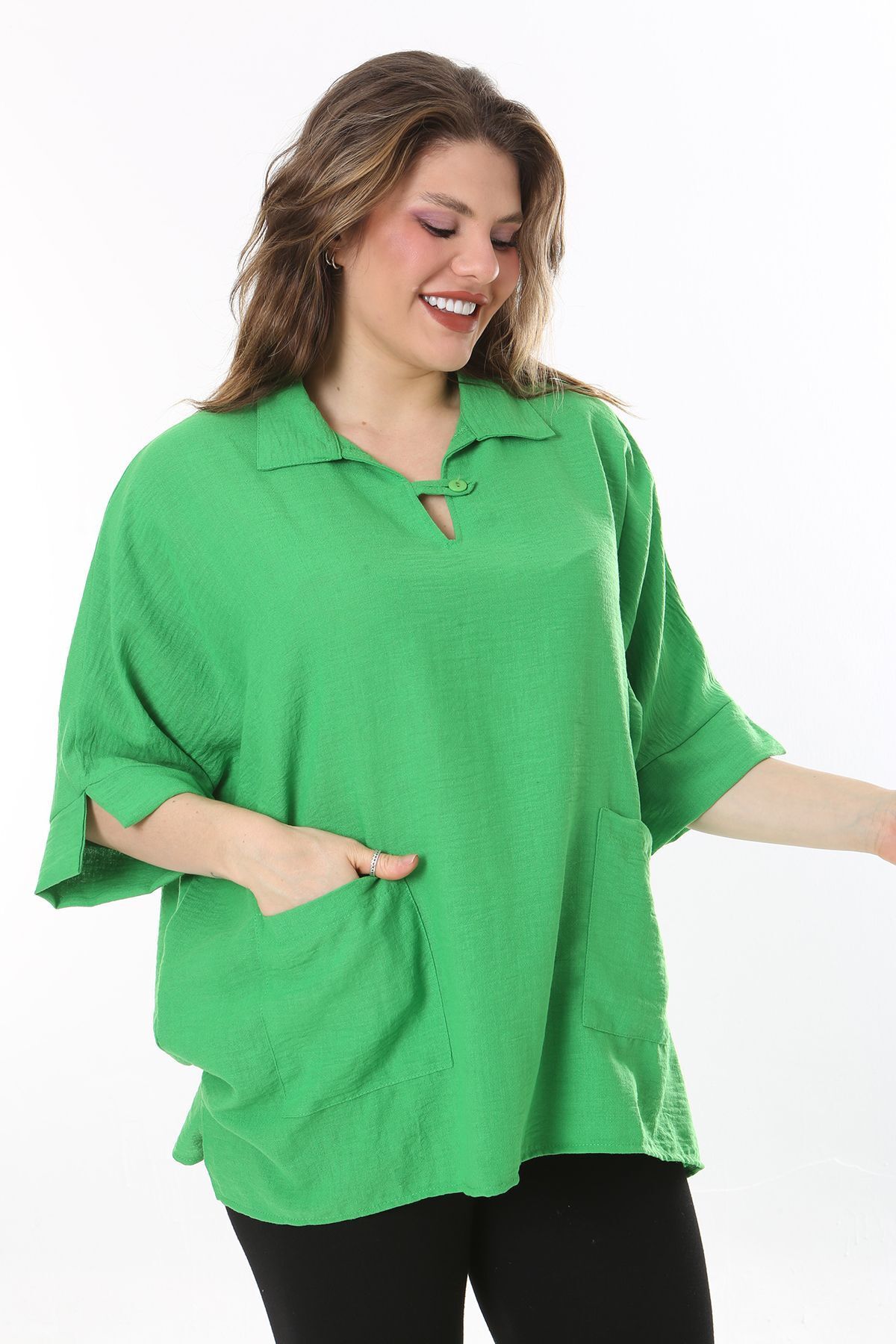 Şans Kadın Büyük Beden Yeşil Gömlek Yakalı Rahat Kesim Tunik 65N37975