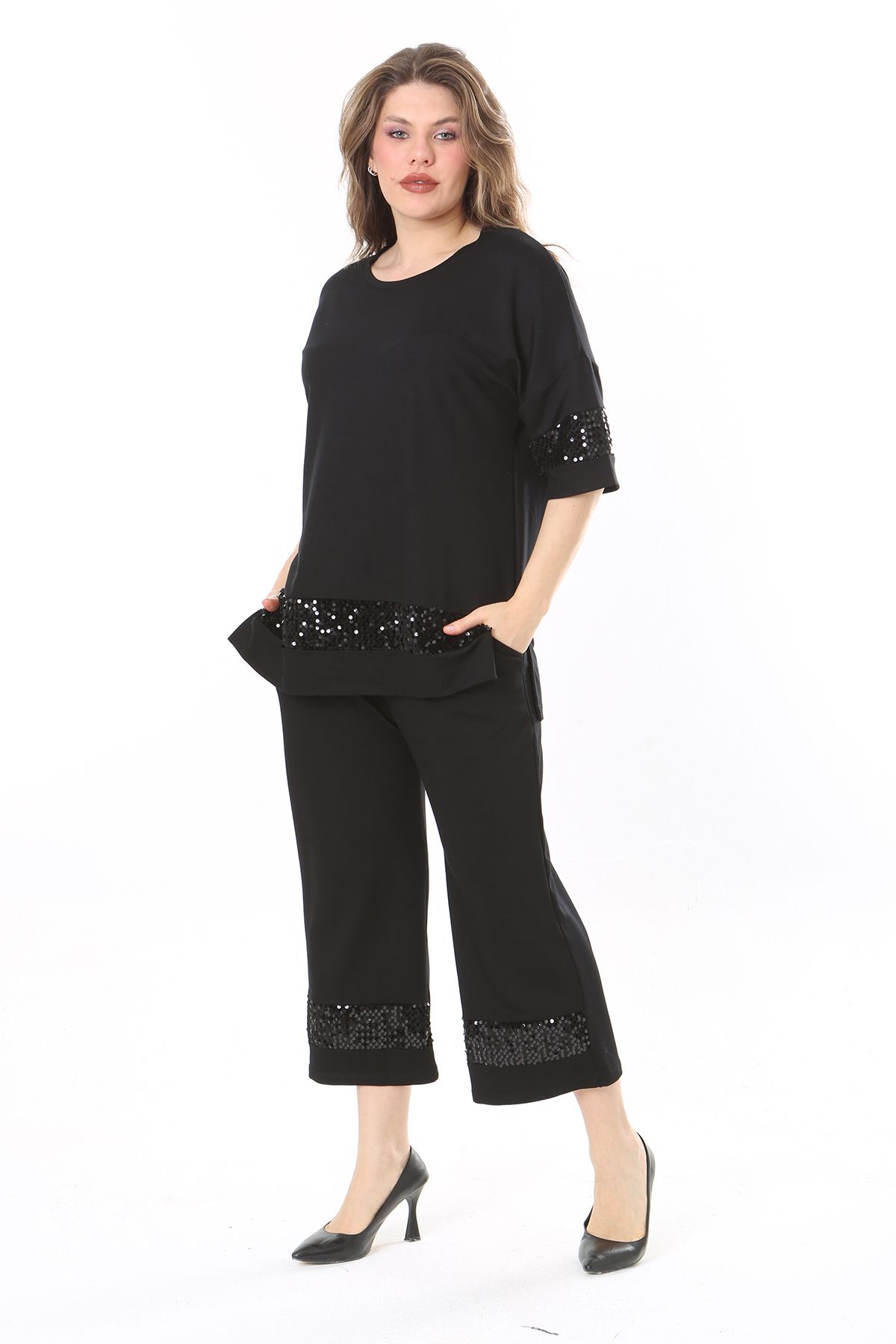 Şans Kadın Büyük Beden Siyah Payet Detaylı Bluz Pantolon İkili Takım 65N37973