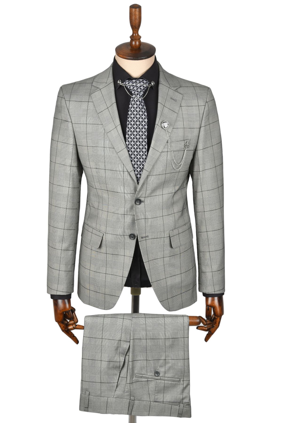 DeepSea Erkek Gri Çift Düğme Çift Yırtmaç Ekoseli 2li Takım Elbise 2300370