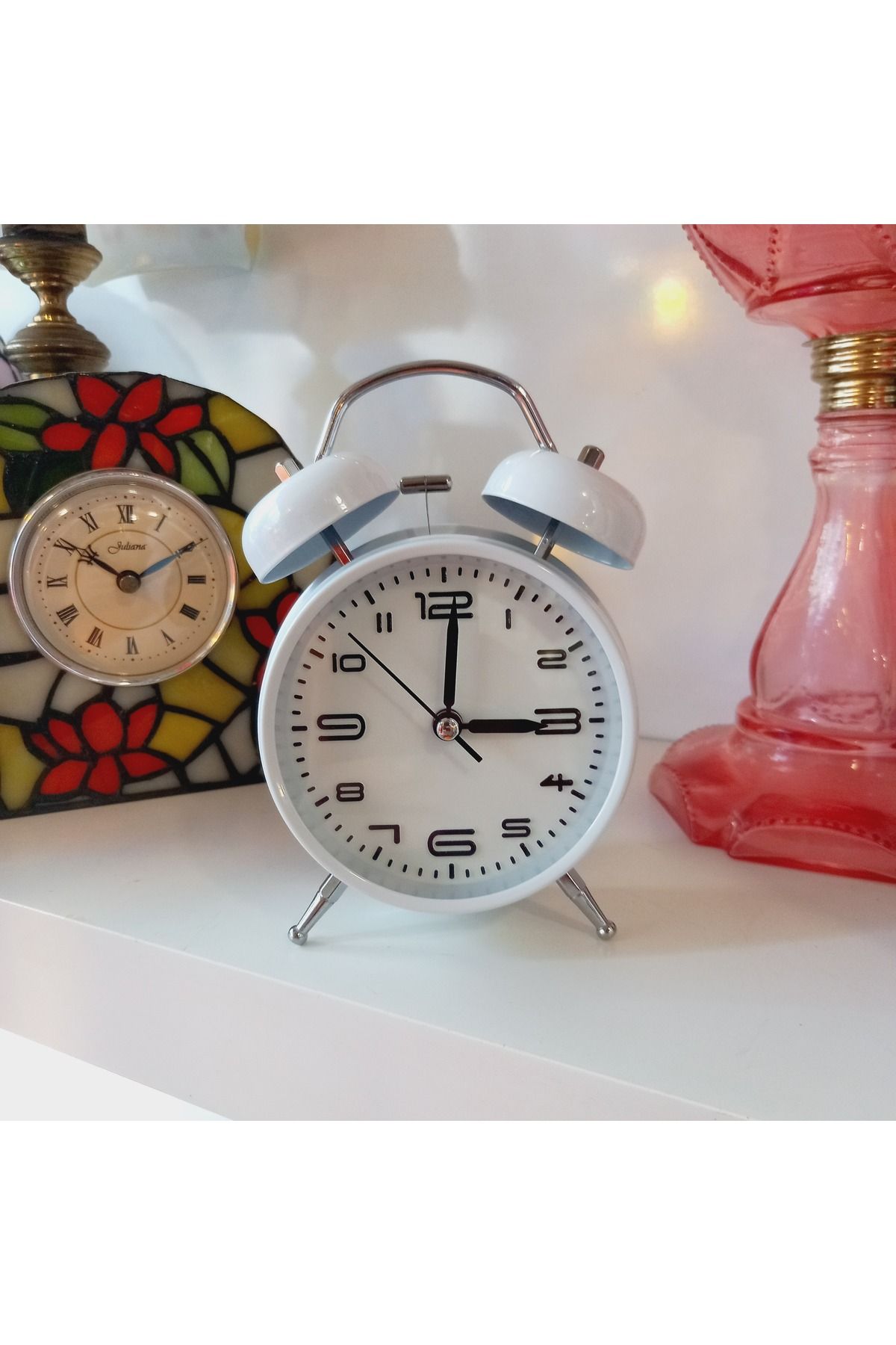 SUPERSTOK Çalar Saat Retro Metal Dekoratif Saat Beyaz Renk Masa Saati