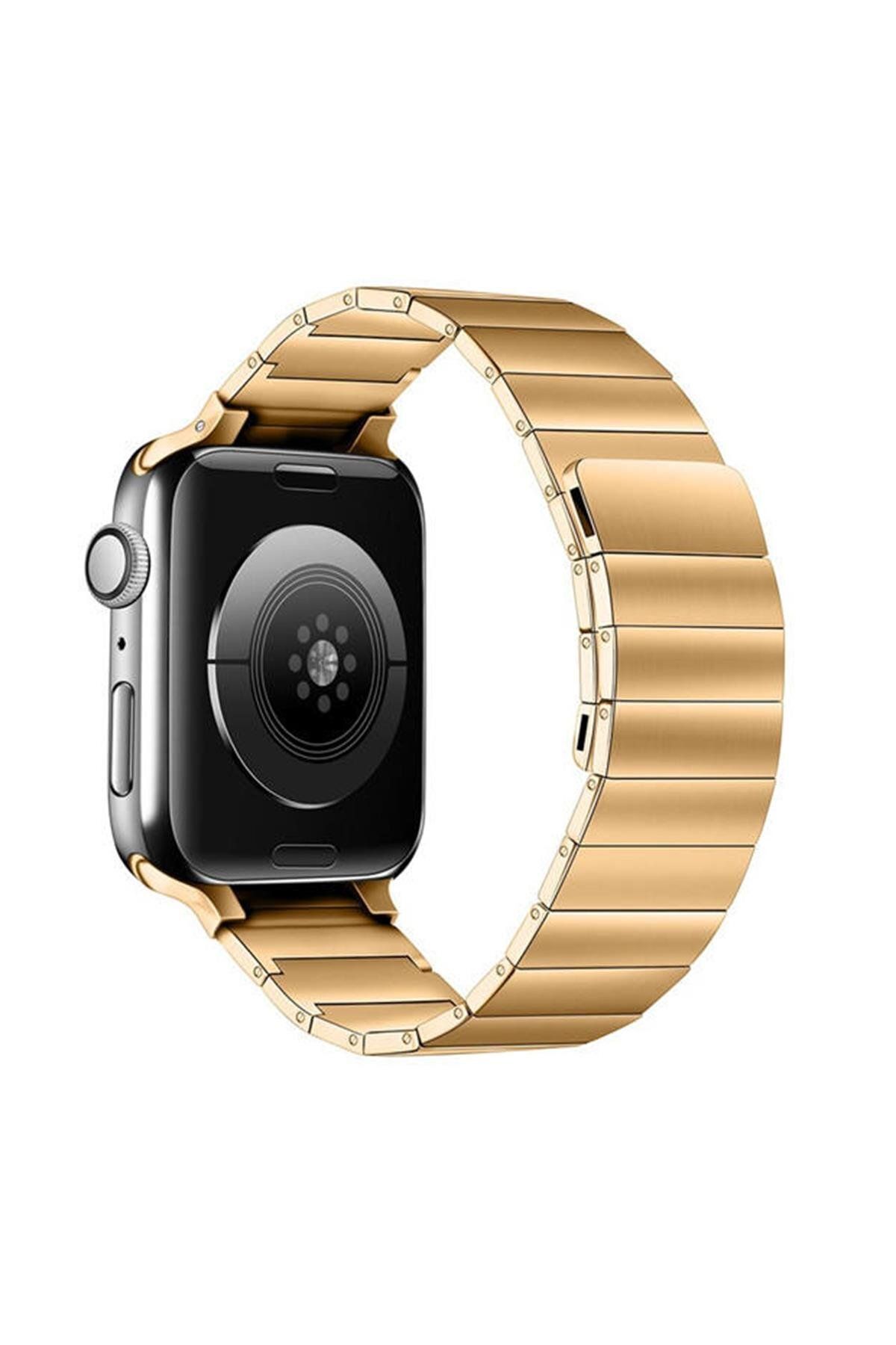 ShinyTECH Apple Watch Uyumlu Baklalı Çelik Manyetik 42,44,45,49mm Kordon Gold
