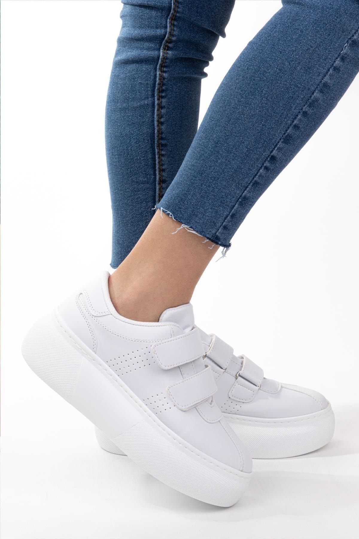 NAVYSIDE Kadın Beyaz Cilt Deri Cırt Cırtlı Sneaker Spor Ayakkabı Yürüyüş Ayakkabısı Yüksek Tabanlı Bantlı