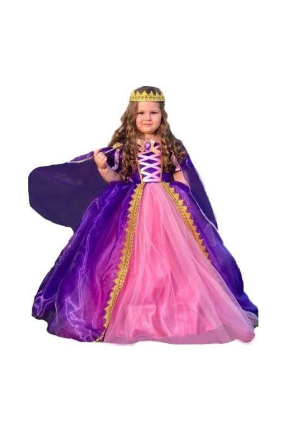PeoniaKids Rapunzel Kız Çocuk Elbise - Taçlı Pelerinli Tarlatanlı Rapunzel Kostüm