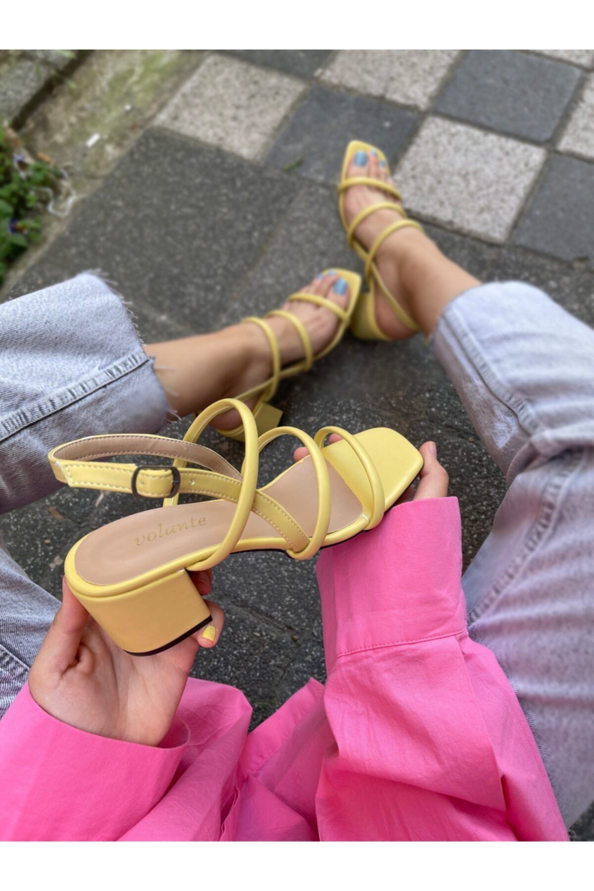 volante Sarı Klasik Topuklu 3 Bant Ayakkabı