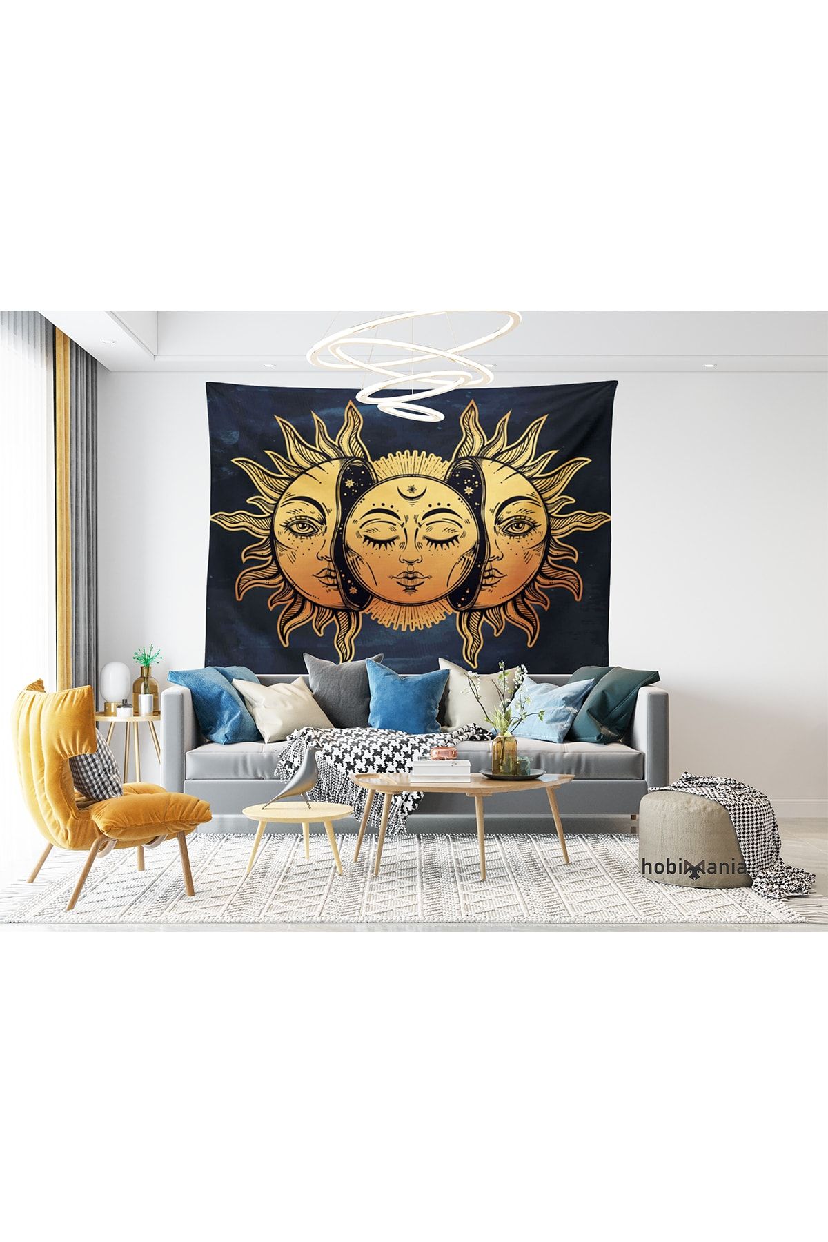 Hobimania Güneş Ve Ay Güneşin Yüzü Lacivert Duvar Örtüsü Tapestry 230x140 Cm Duvar Dekorasyon Moda