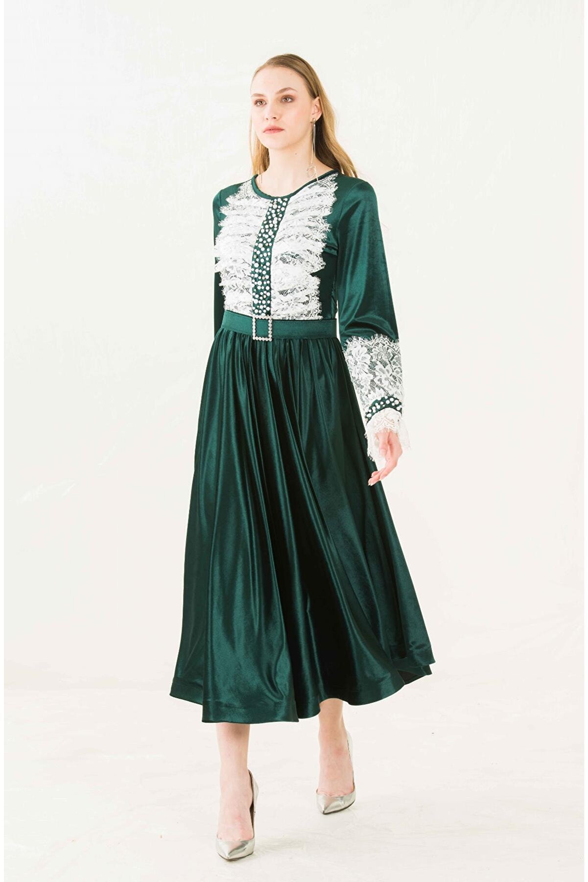 PHELDA Vintage Style Kadife Elbise 600 Yeşil