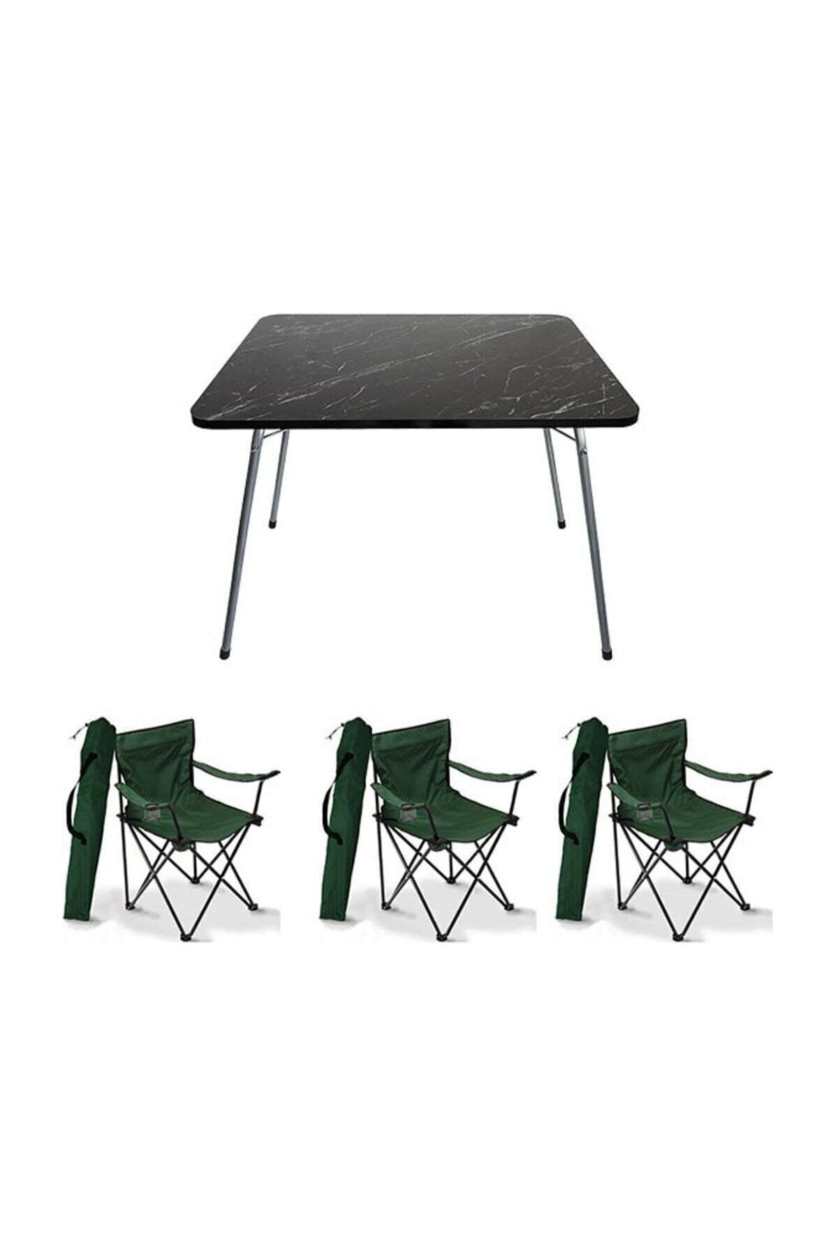 Mocca Style 60x80 Katlanır Granit Masa+ 3 Adet Yeşil Rejisör Sandalye Piknik Plaj Sandalyesi