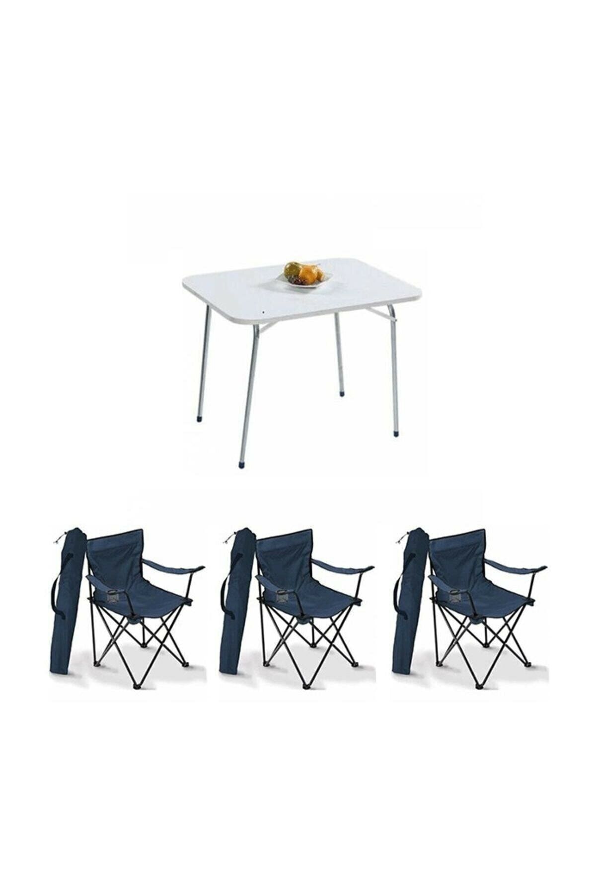 Mocca Style 60x80 Katlanır Beyaz Masa+ 3 Adet Mavi Rejisör, Sandalye Piknik Plaj Sandalyesi
