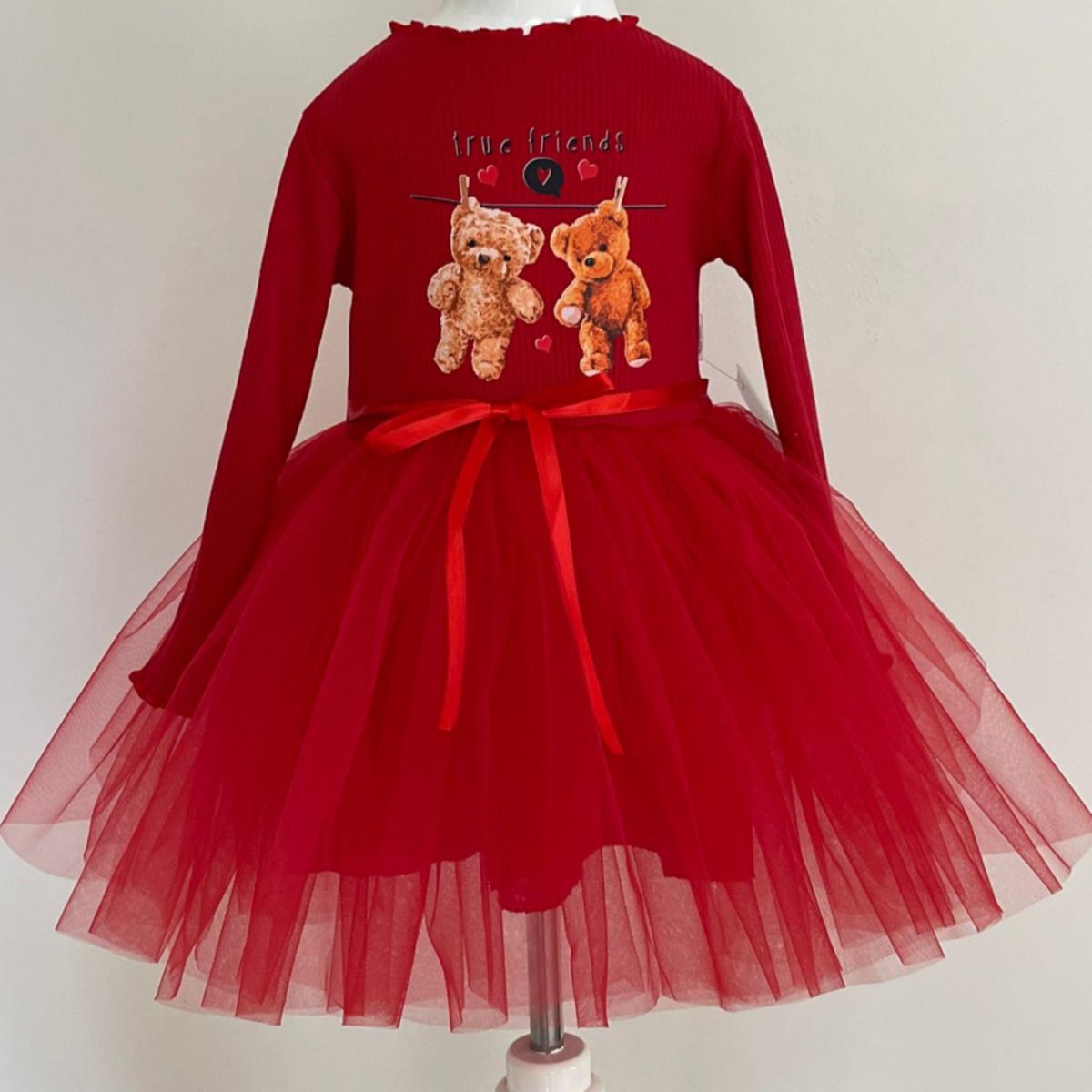 Genel Markalar Şirin Ayılar Desenli Kurdela Kuşaklı Astarlı Uzun Kollu Kız Çocuk Tütü Elbise