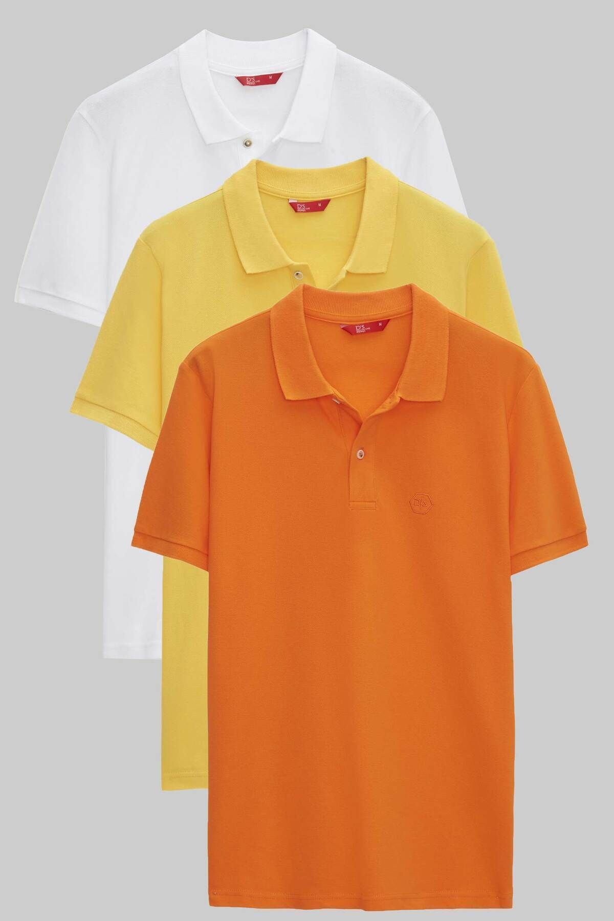 D'S Damat Regular Fit Beyaz/sari/turuncu Pike Dokulu %100 Pamuk Polo Yaka T-shirt