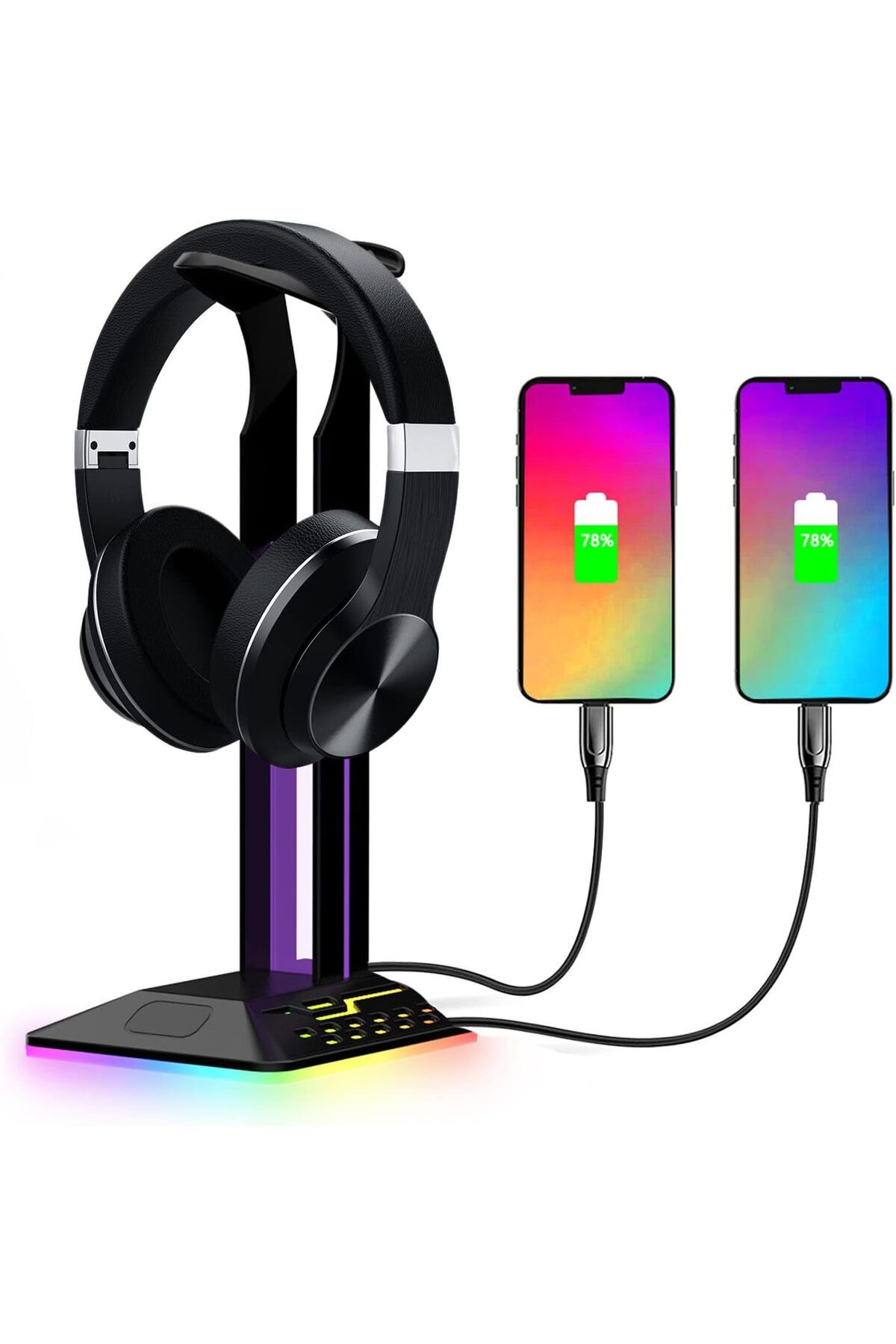 UZUNOGLU RGB Kulaklık Standı, Masa Oyun Kulaklığı Tutucu Askı Rafı, 2 USB Bağlantı Noktalı