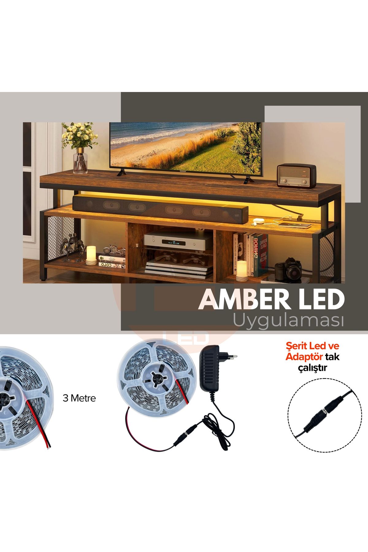 AmberLED Şerit Led 3 Metre Amber Tak Çalıştır Adaptör Dahil | Tezgah, Dolap, Mutfak Aydınlatma