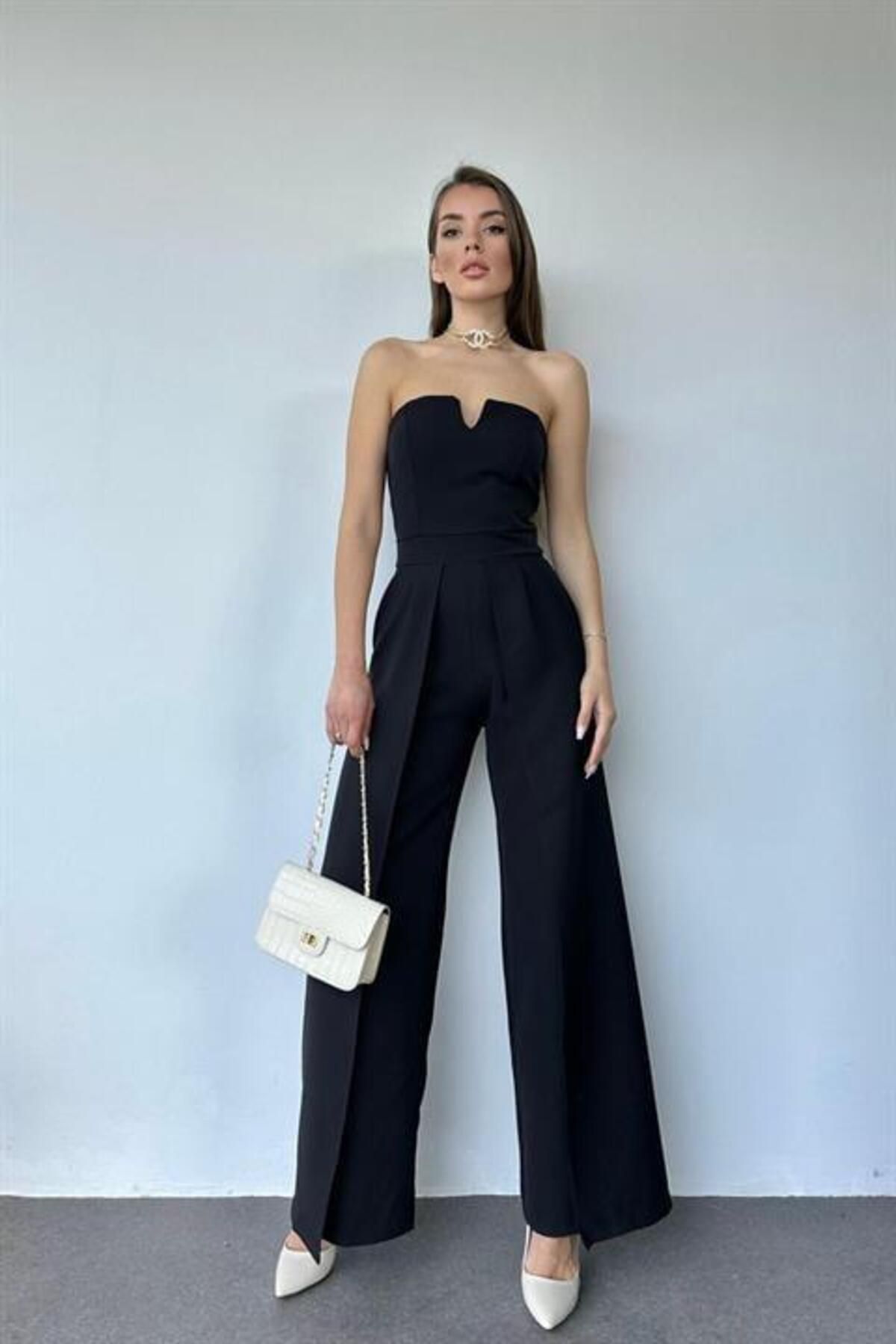 Elbee Fashion Woman Yırtmaç Detaylı Straplez Tulum - Siyah 7500