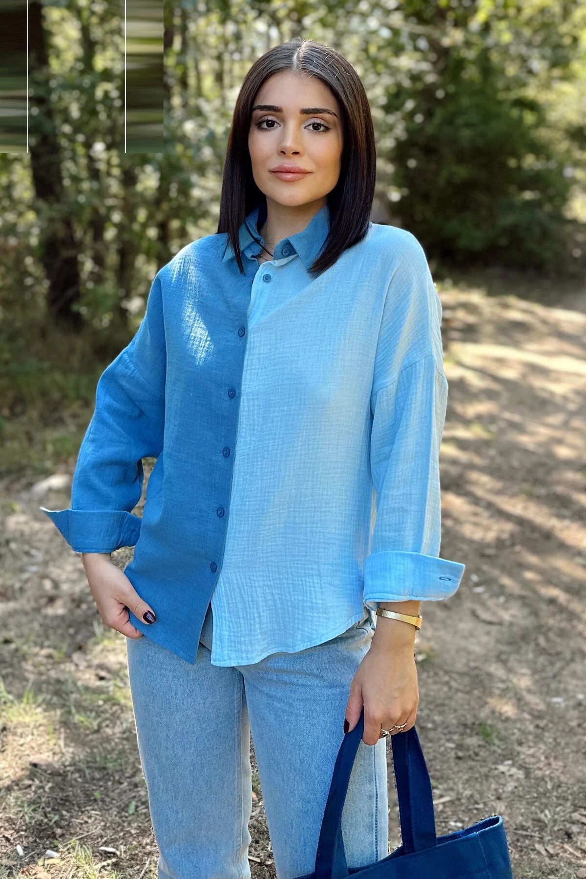 New Laviva Kadın Mavi Muslin Kumaş, Çift Bloklu, Eteği Oval, Uzun Kol, Regular Kesim Gömlek