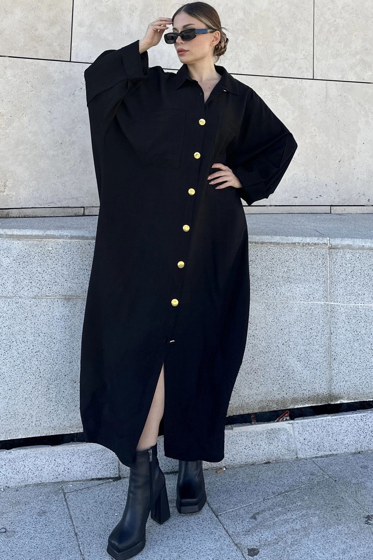 New Laviva Kadın Siyah Yarasa Kol, Arkası Pliseli, Çift Cepli, Uzun Oversize Salaş Gömlek Elbise