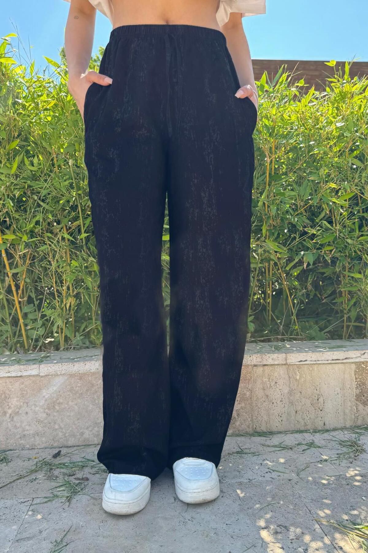 Denfa Moda Kadın Siyah Varaklı Pantolon