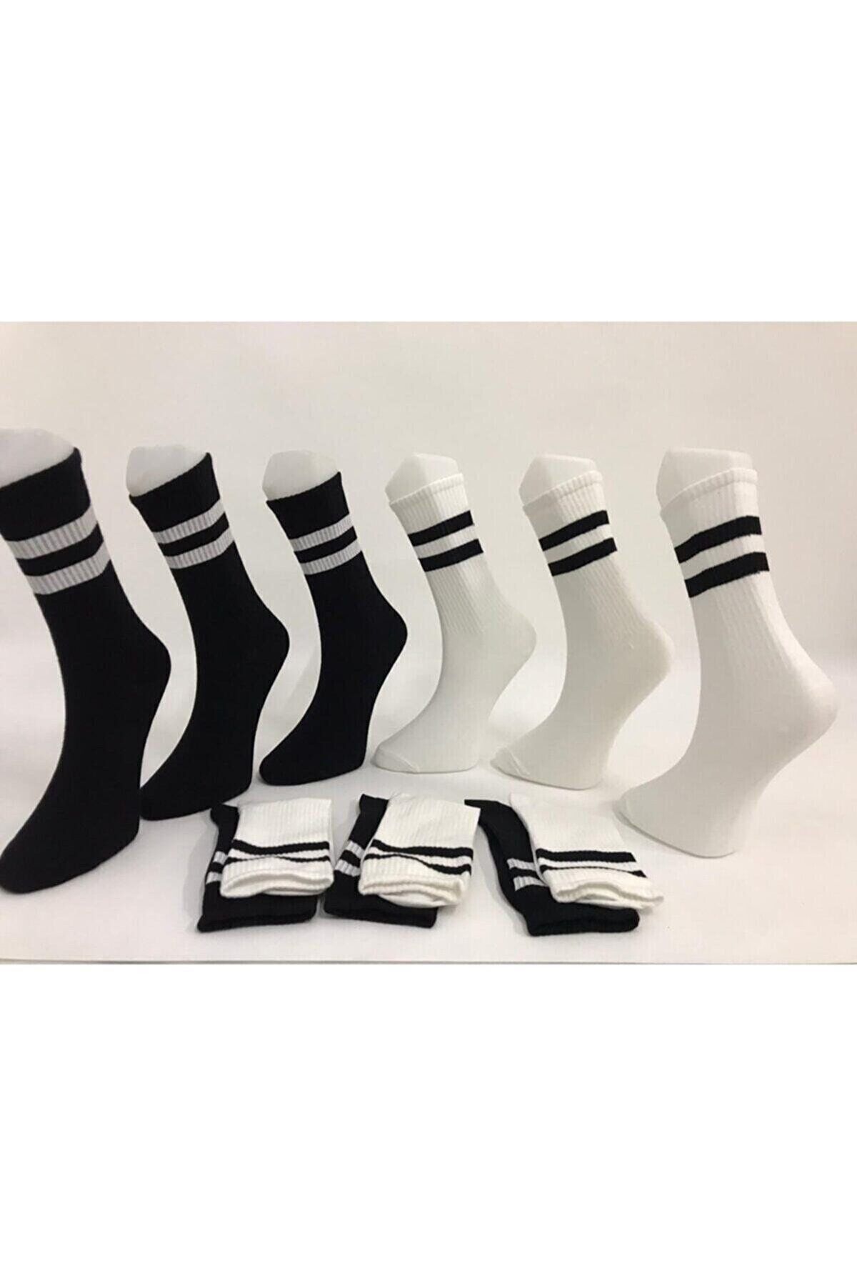 APEKS 6 Çift Unisex Beyaz Renkli Tik Desenli Yıkamalı Kolej Tenis Çorap 0018
