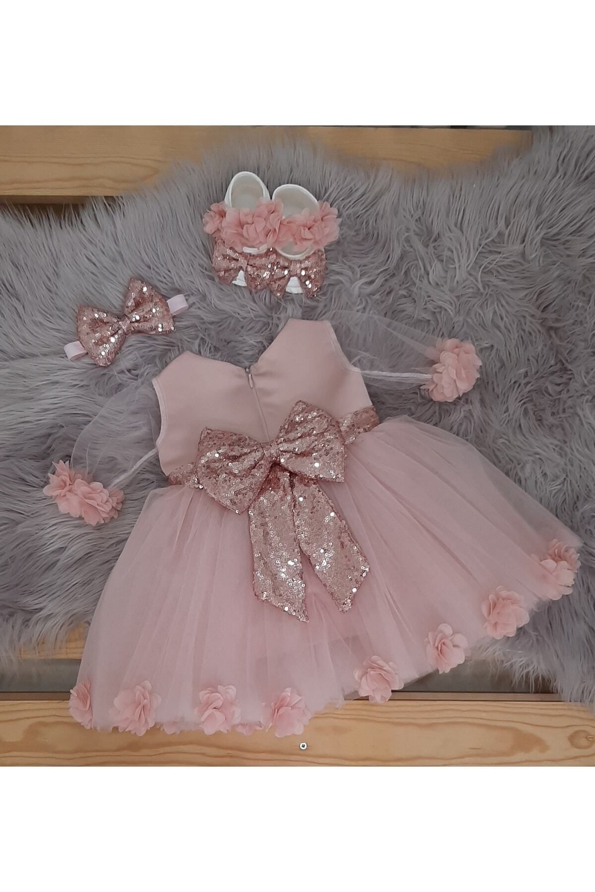 Almira Tasarım Pudra Pembe Bebek Gelinlik Seti