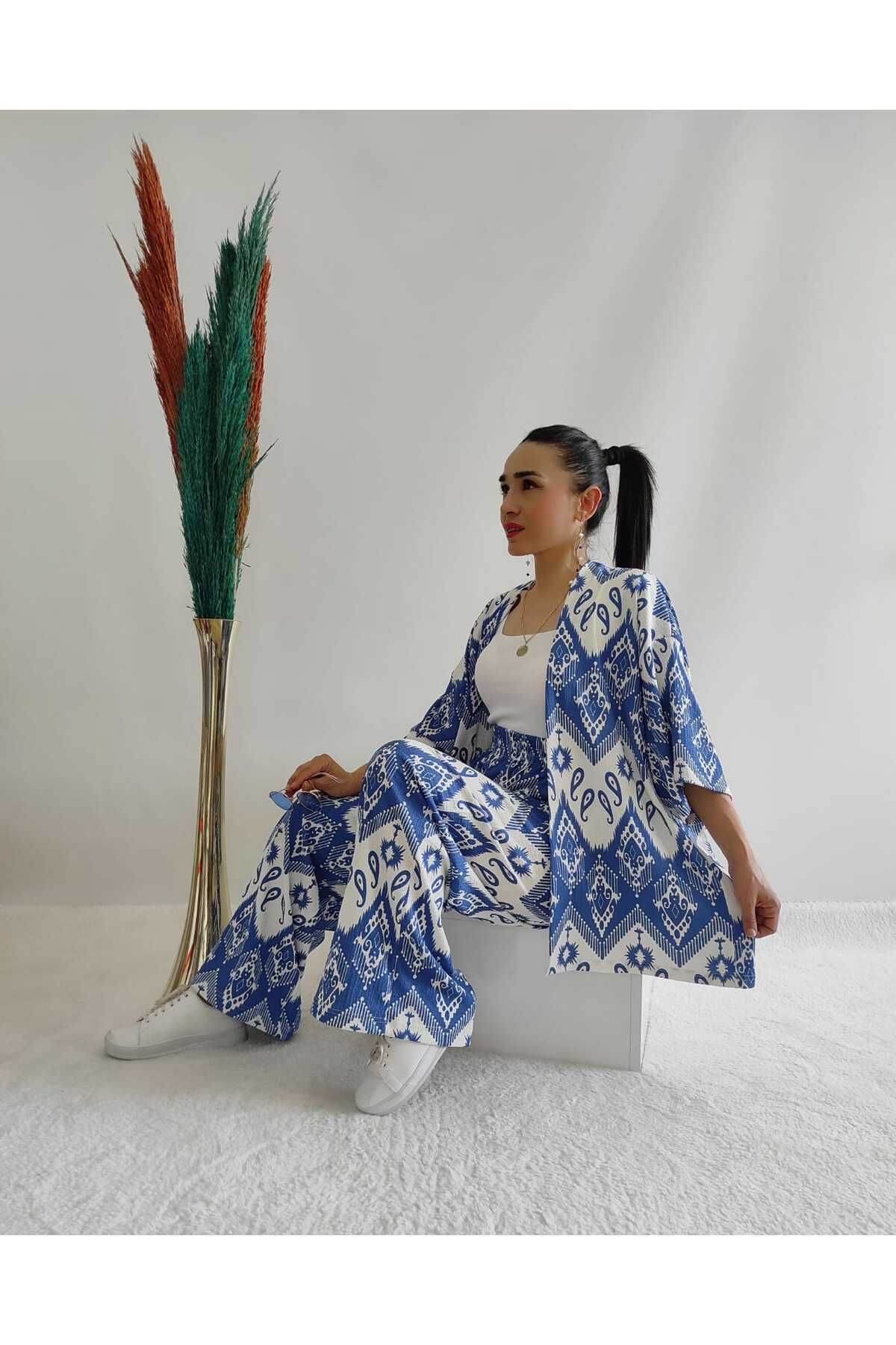 İpli Mavi Renk Moda Desenli Ikili Kimono Takım ( Rahat Kalıp )