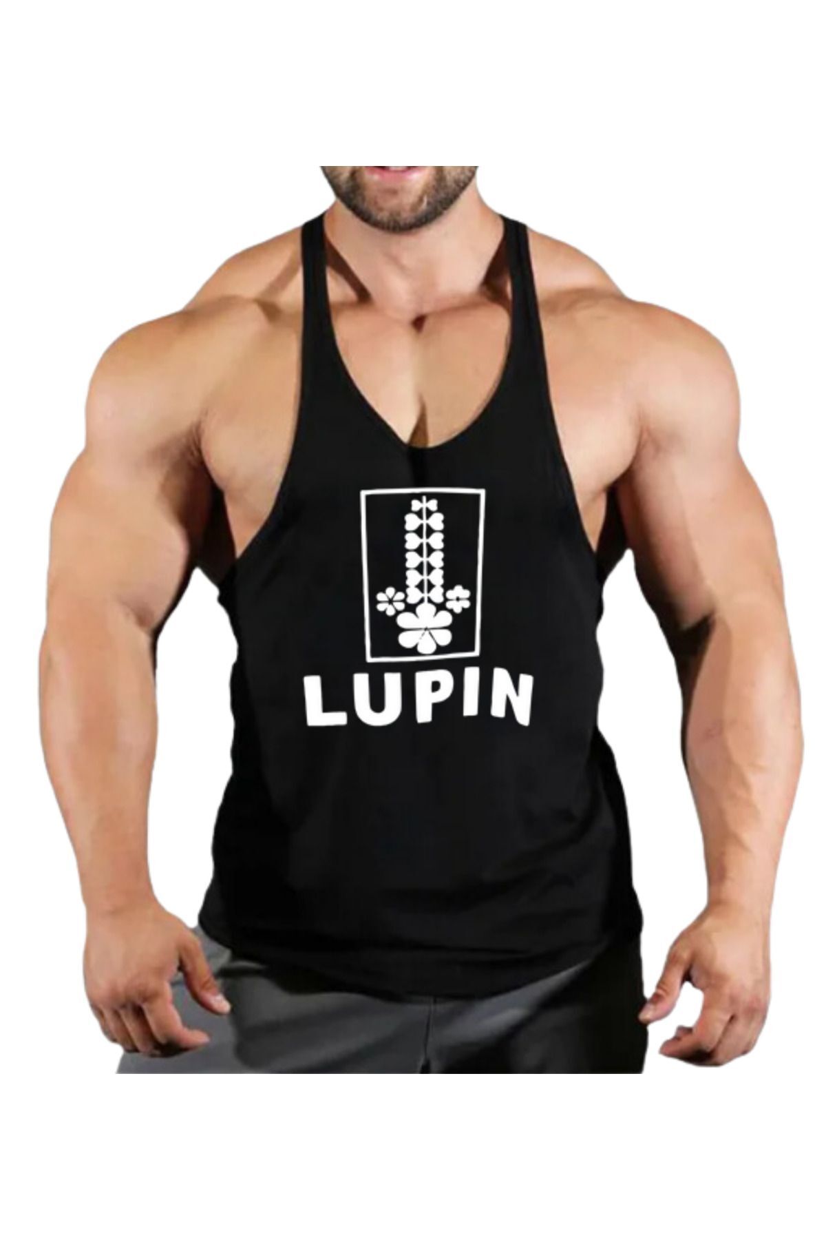 TREND ALİSSE Erkek Askılı Spor Atlet - Beyaz Lupin Baskılı Sporcu Fitness Gym  Atleti