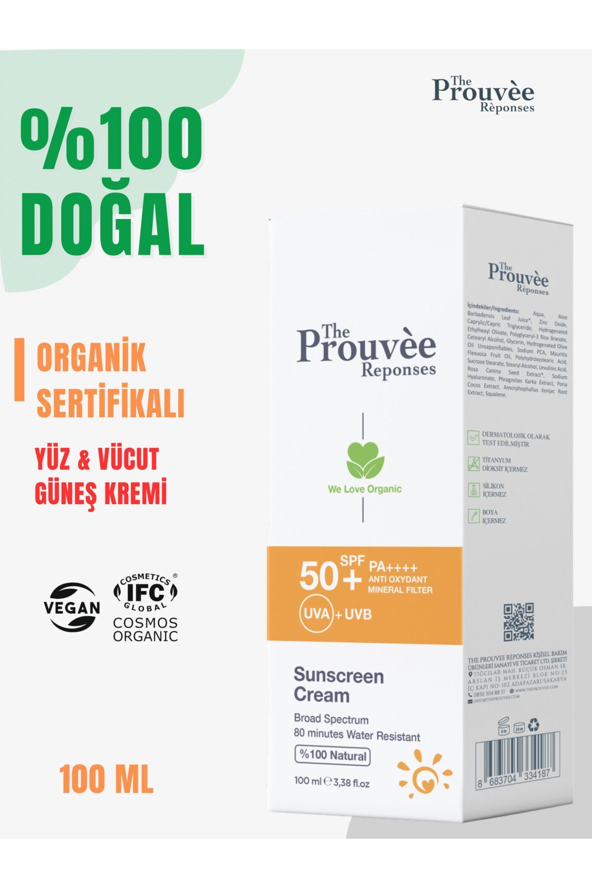 The Prouvee Reponses %100 Doğal 50+SPF Yüz Vücut Organik Güneş Koruyucu Krem 100 ml
