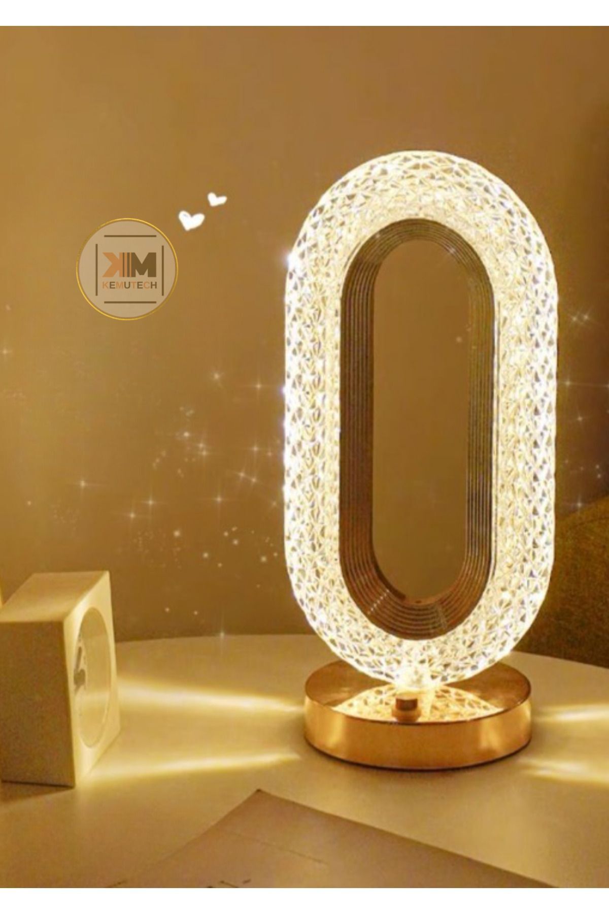 BEKAZE Dekoratif Kristal Şarjlı Yılbaşı Masa Lambası, Gold Led Abajur, Dokunmatik 3 Renk Modu