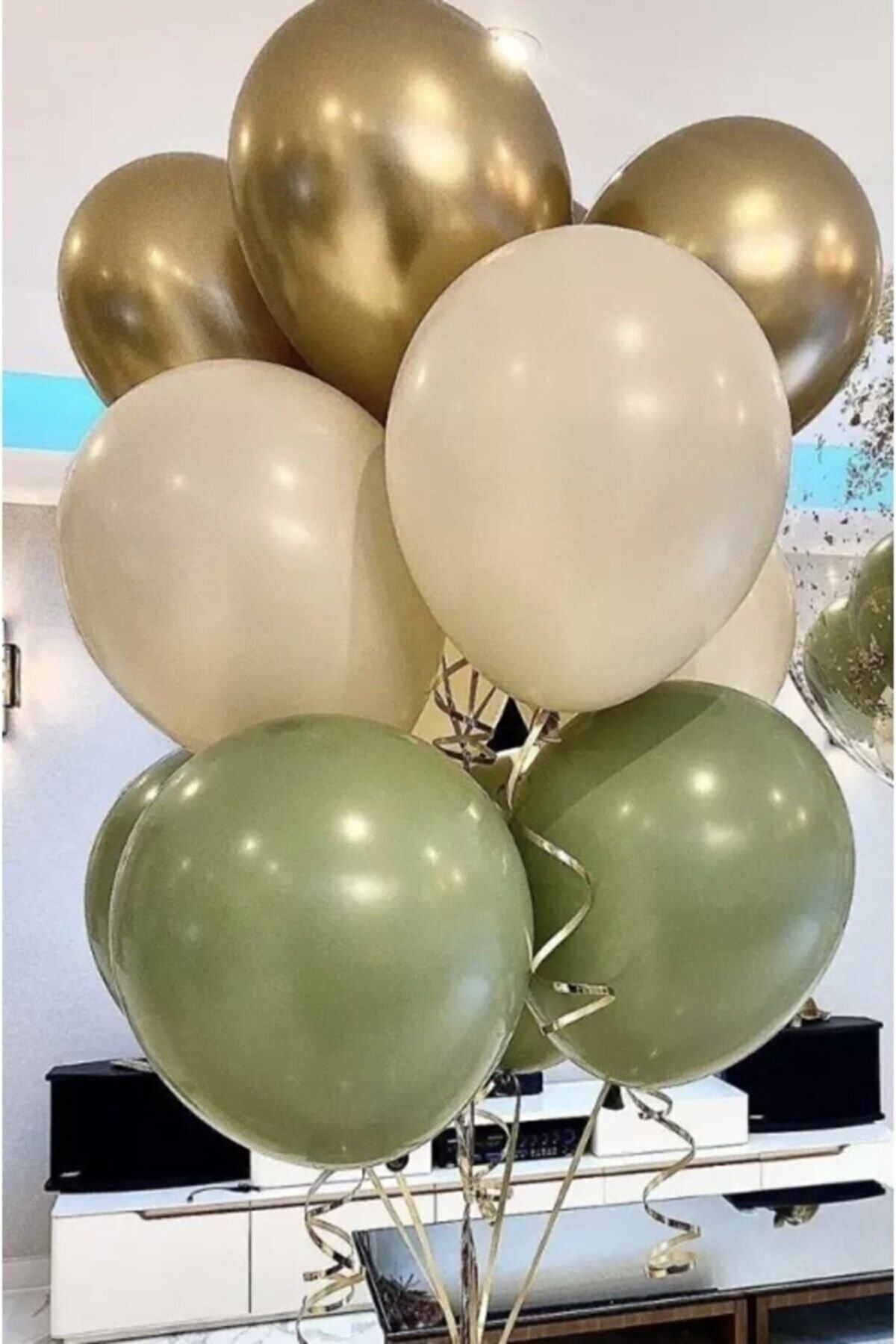 BalonEvi Atakent Süs 18`li Set Krom Gold Küf Yeşili Ve Pastel Beyaz Balon Set