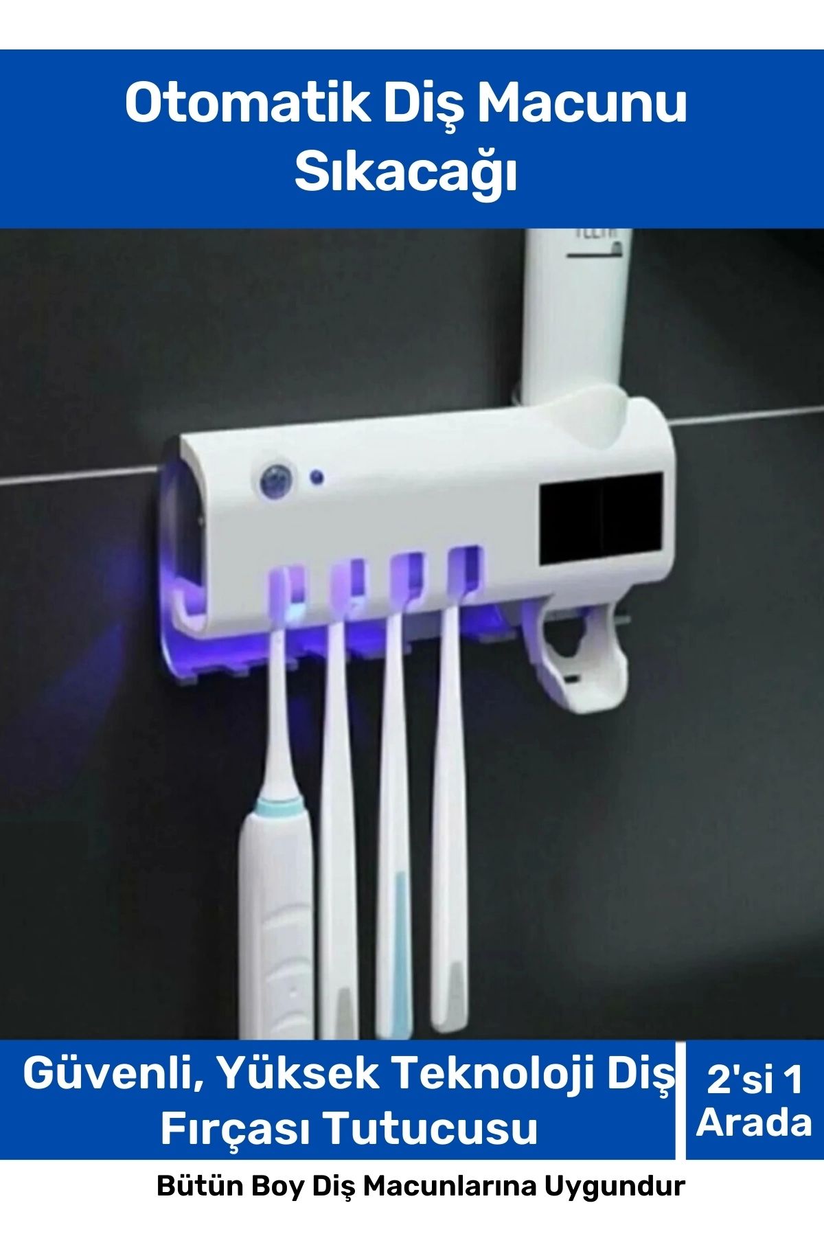 Ala Lavandula Pratik Usb Şarjlı Ve Güneş Enerjili Otomatik Diş Macunu Sıkacağı 4 Adet Diş Fırçalığı Tutucu