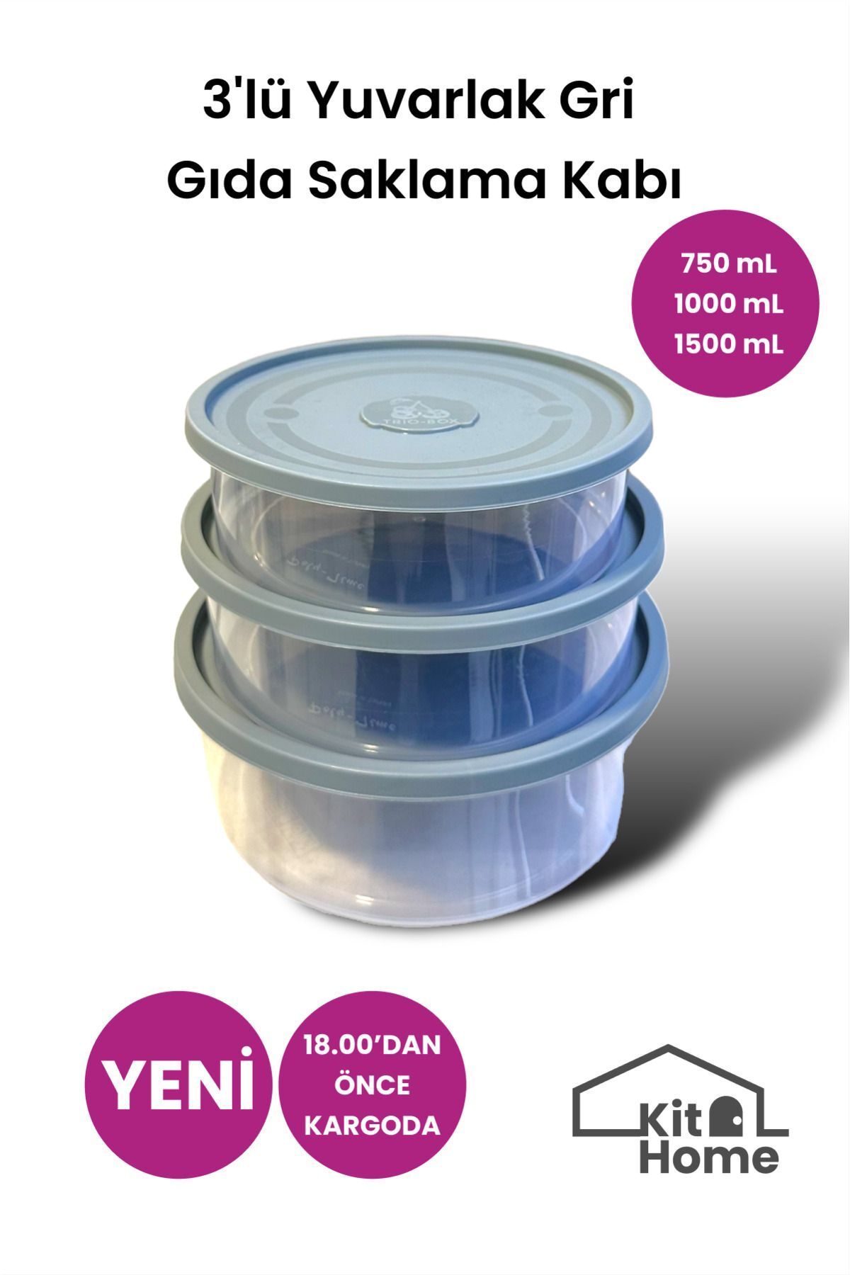 Kit Home 3'lü Dondurucu Ve Mikrodalgaya Uygun Gri Yuvarlak Gıda Saklama Kabı Seti