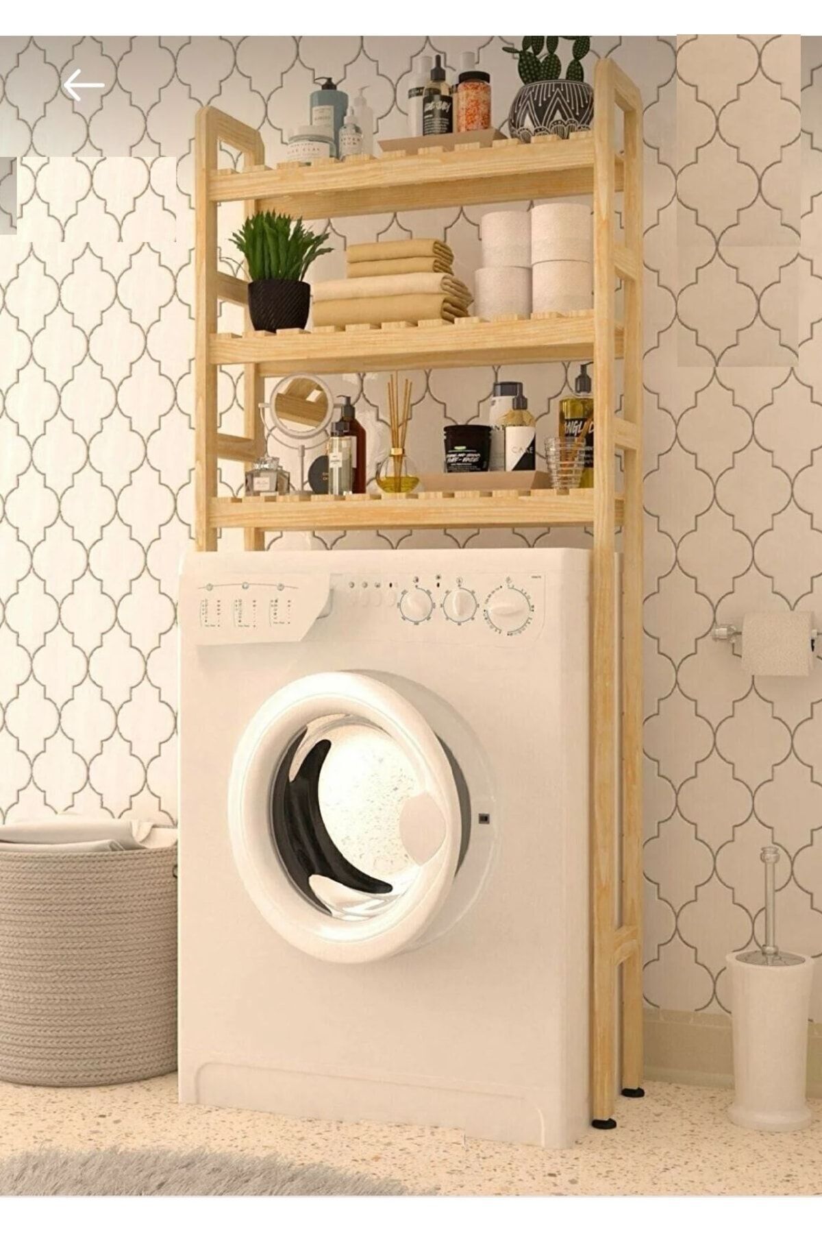 Tesa Çamaşır Makinesi Üstü Ahşap Düzenleyici Raf Banyo Rafı Makina Üstü Çok Amaçlı Dolap 3 Katlı