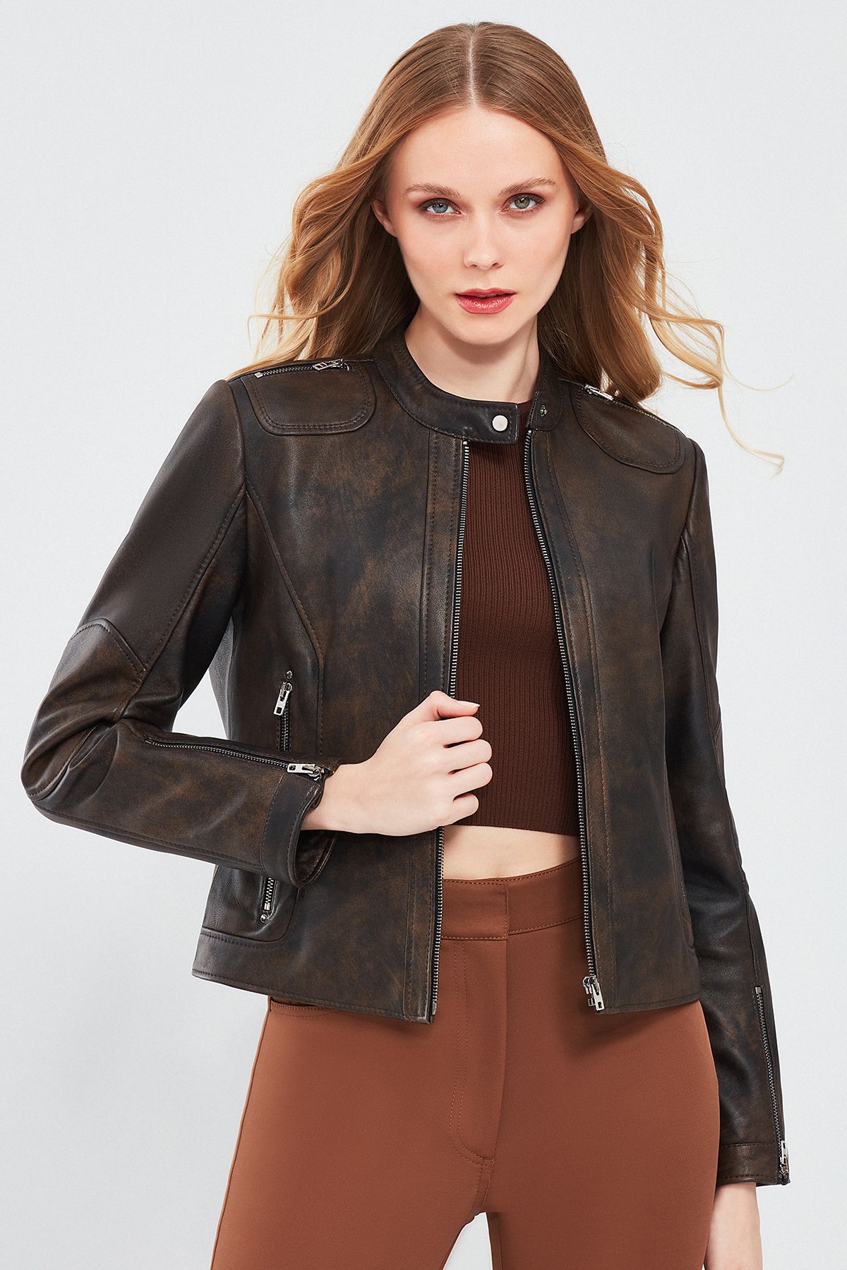 Derimod Glam Kadın Kahverengi Vintage Deri Ceket
