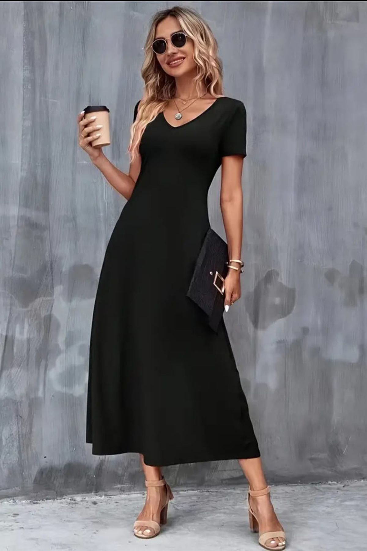 missamour Kadın Siyah Trend V Yaka Uzun Elbise