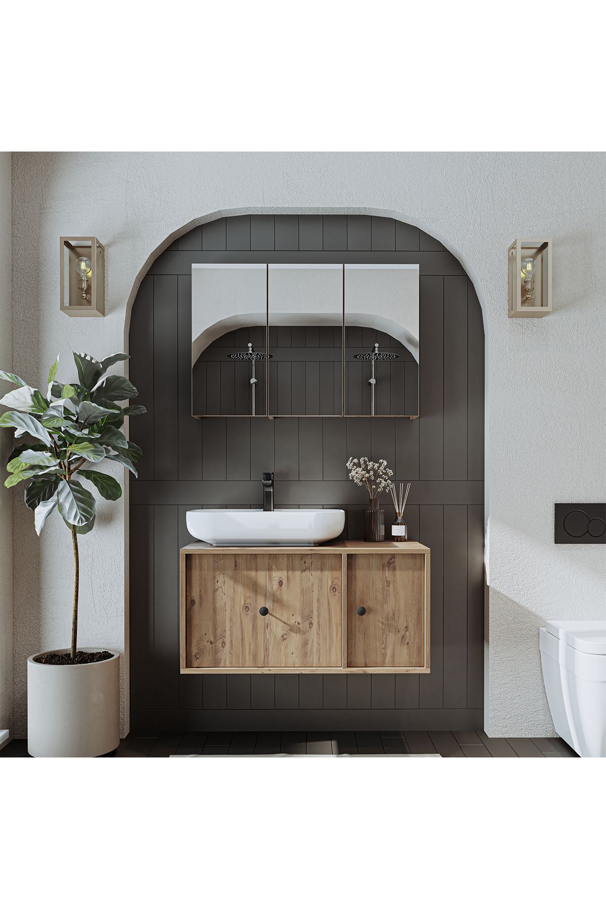ROOMART Oval Lavabolu Mat Mdf 90 Cm Çekmeceli Banyo Dolabı + Aynalı Üst Dolabı