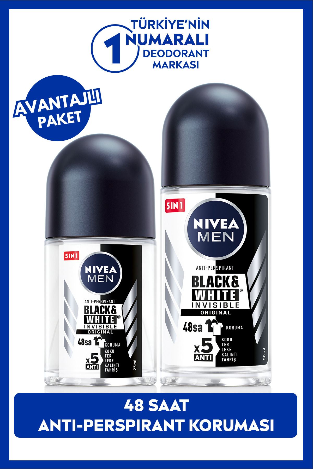 NIVEA Men Erkek Roll-on Deodorant Black&white 50ml Ve Mini Roll-on 25ml, Anti-perspirant, Avantajlı Paket