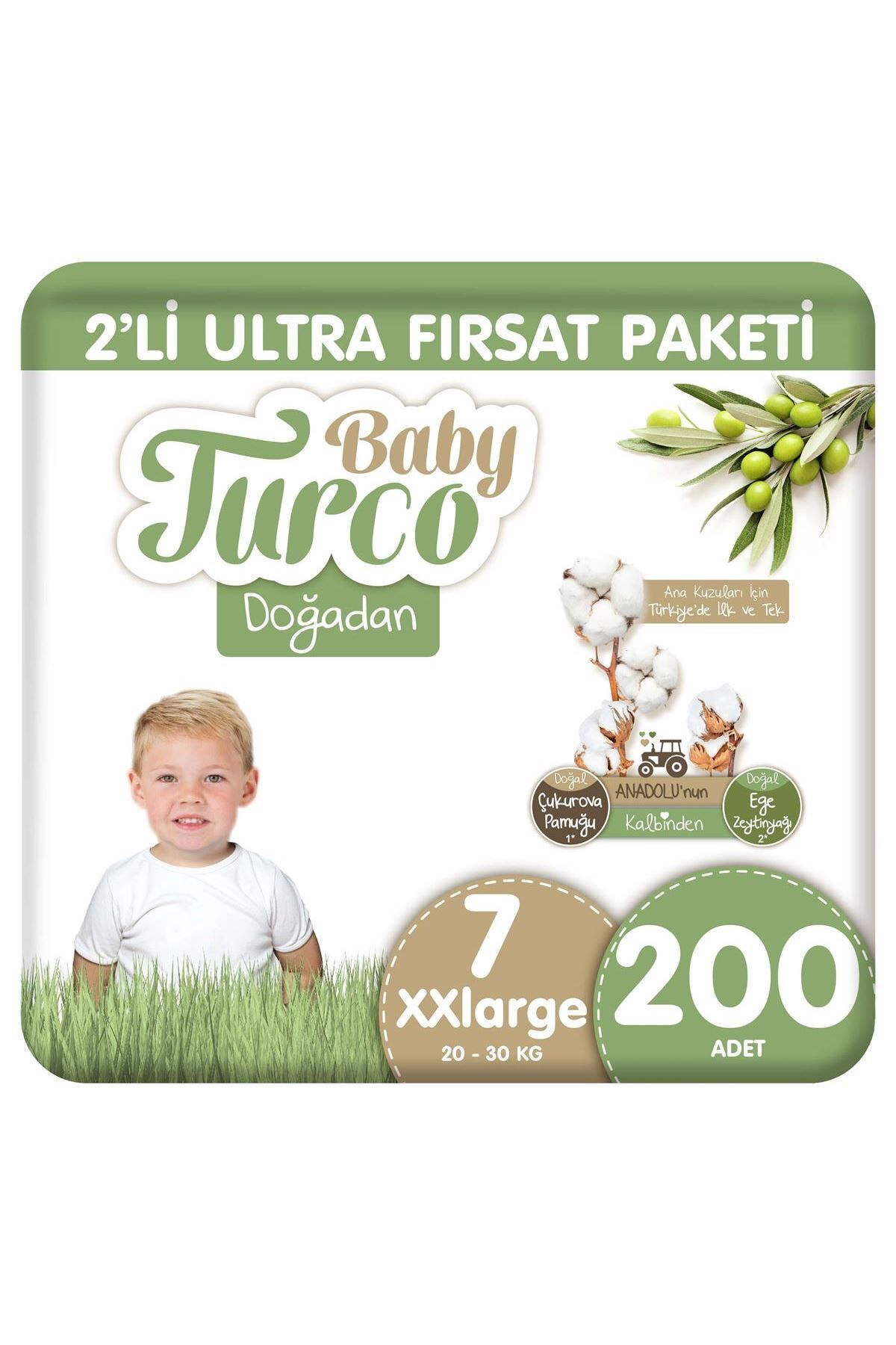 Baby Turco Doğadan 2'li Ultra Fırsat Paketi Bebek Bezi 7 Numara Xxlarge 200 Adet