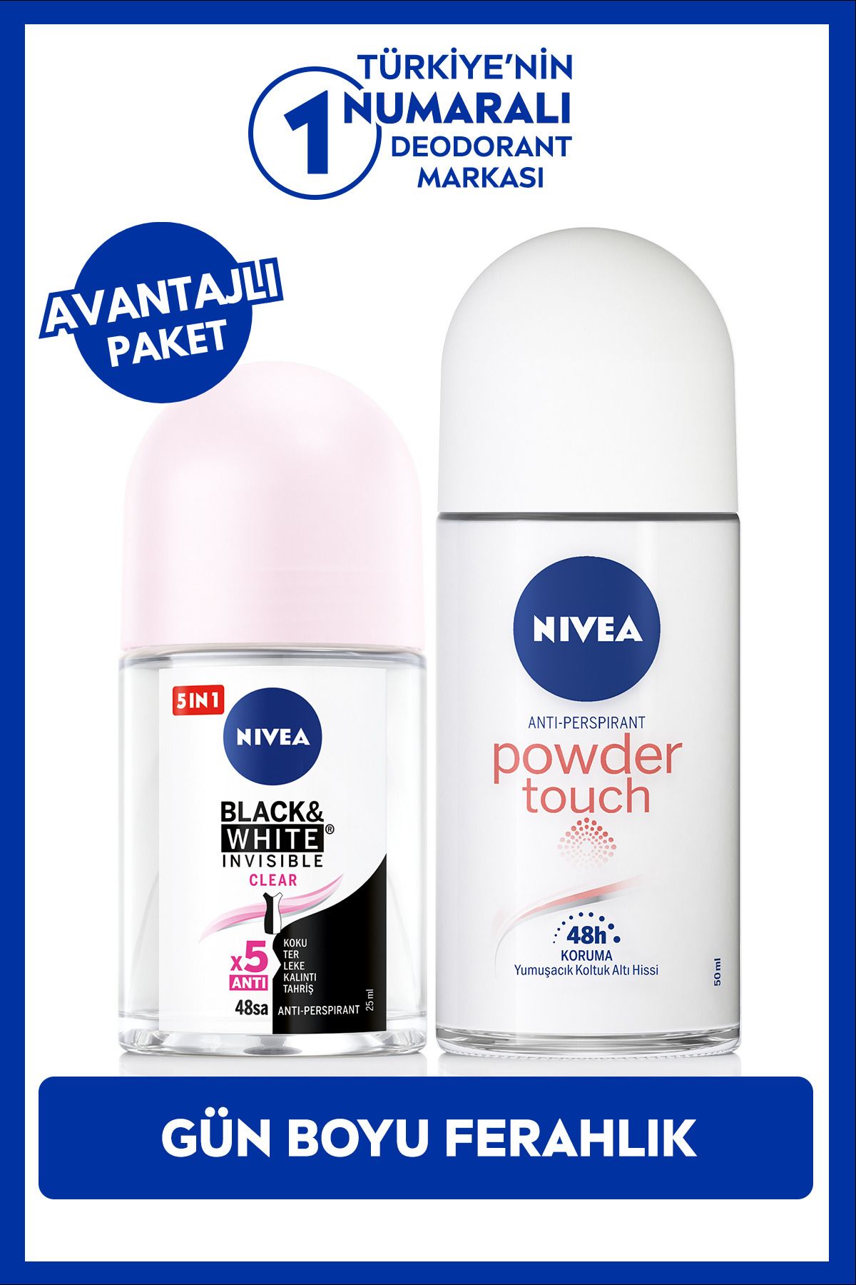 NIVEA Kadın Roll-on Deodorant Powder Touch 50ml ve Mini Roll-on Black&WhiteClear 25ml, Bakımlı Koltuk Altı