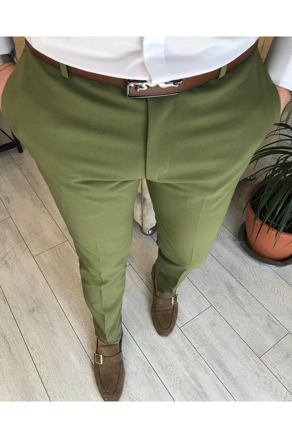 TerziAdemAltun İtalyan Stil Slim Fit Erkek Kumaş Pantolon Yeşil T5251